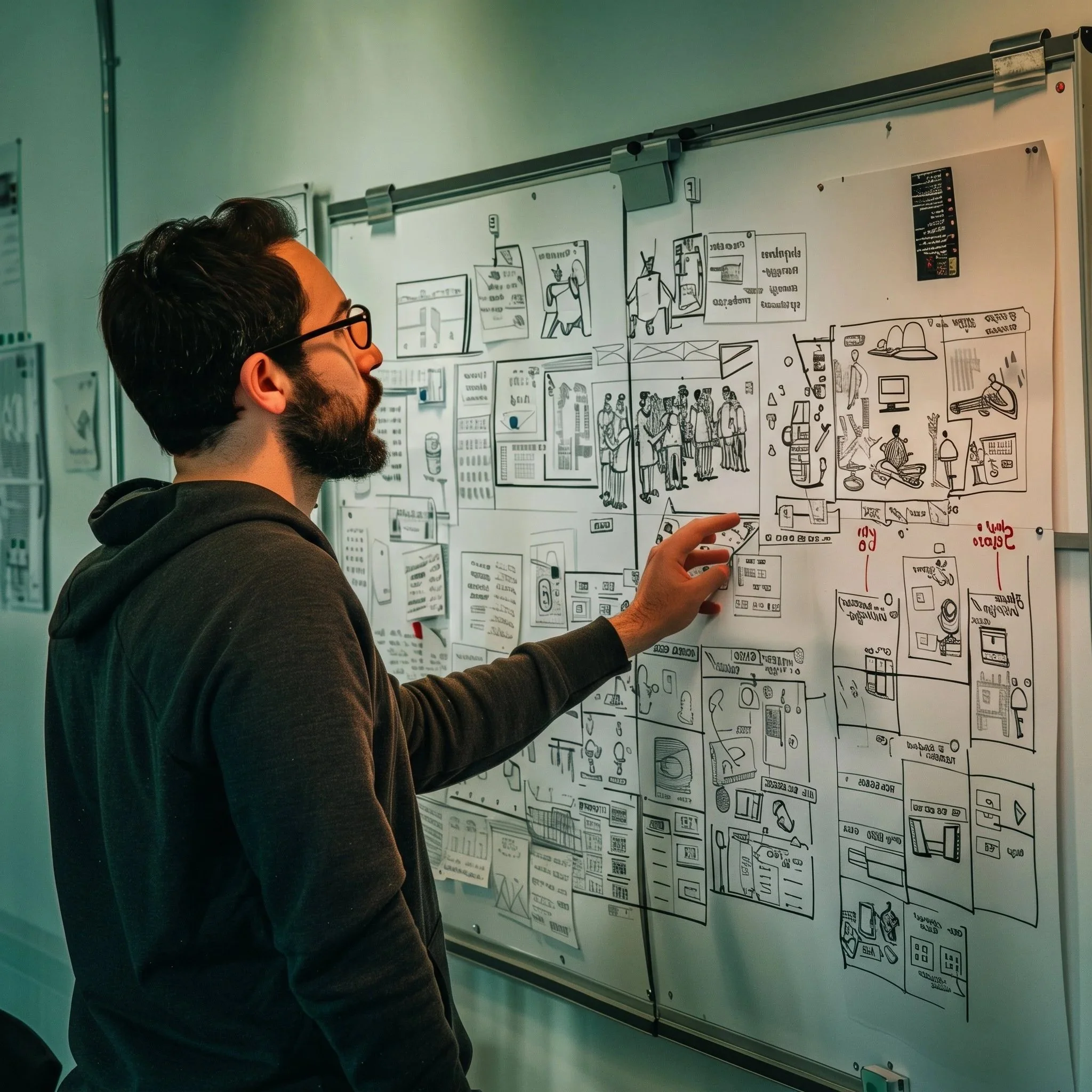 A man pointing to a whiteboard covered in sketches and diagrams.