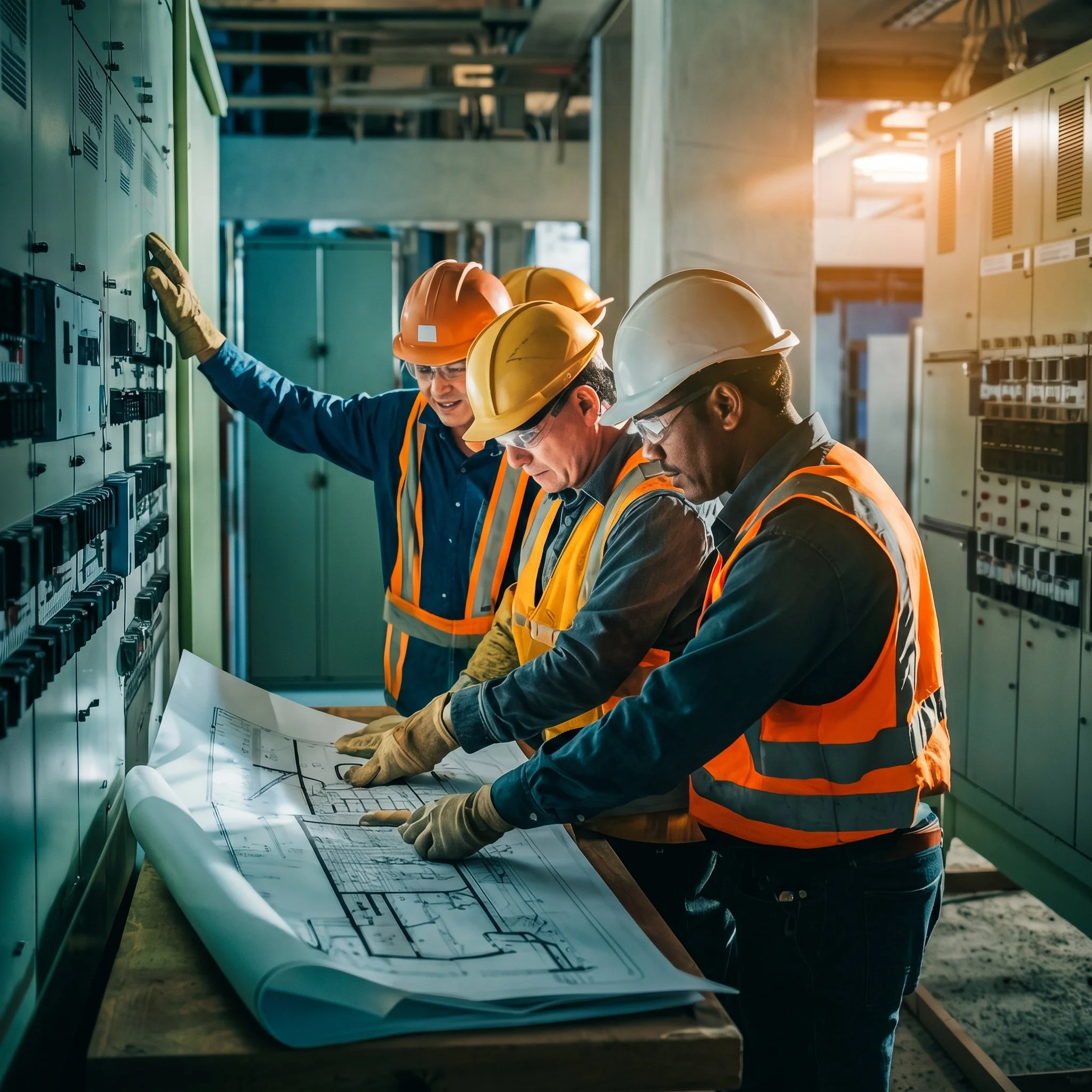 Three engineers wearing hard hats and safety vests examine blueprints in an electrical room.