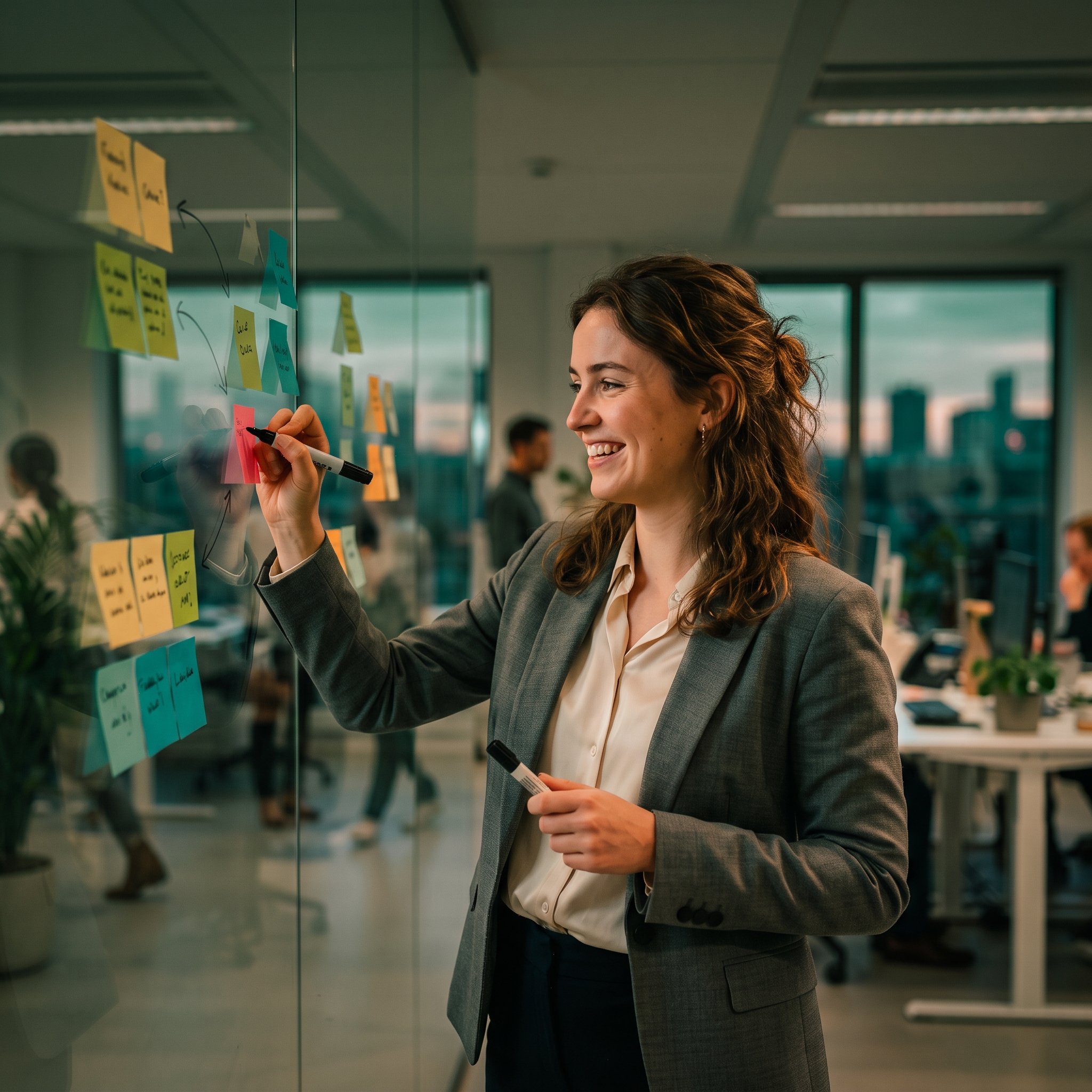 A smiling woman in a blazer writing on a glass office wall covered in colorful sticky notes.