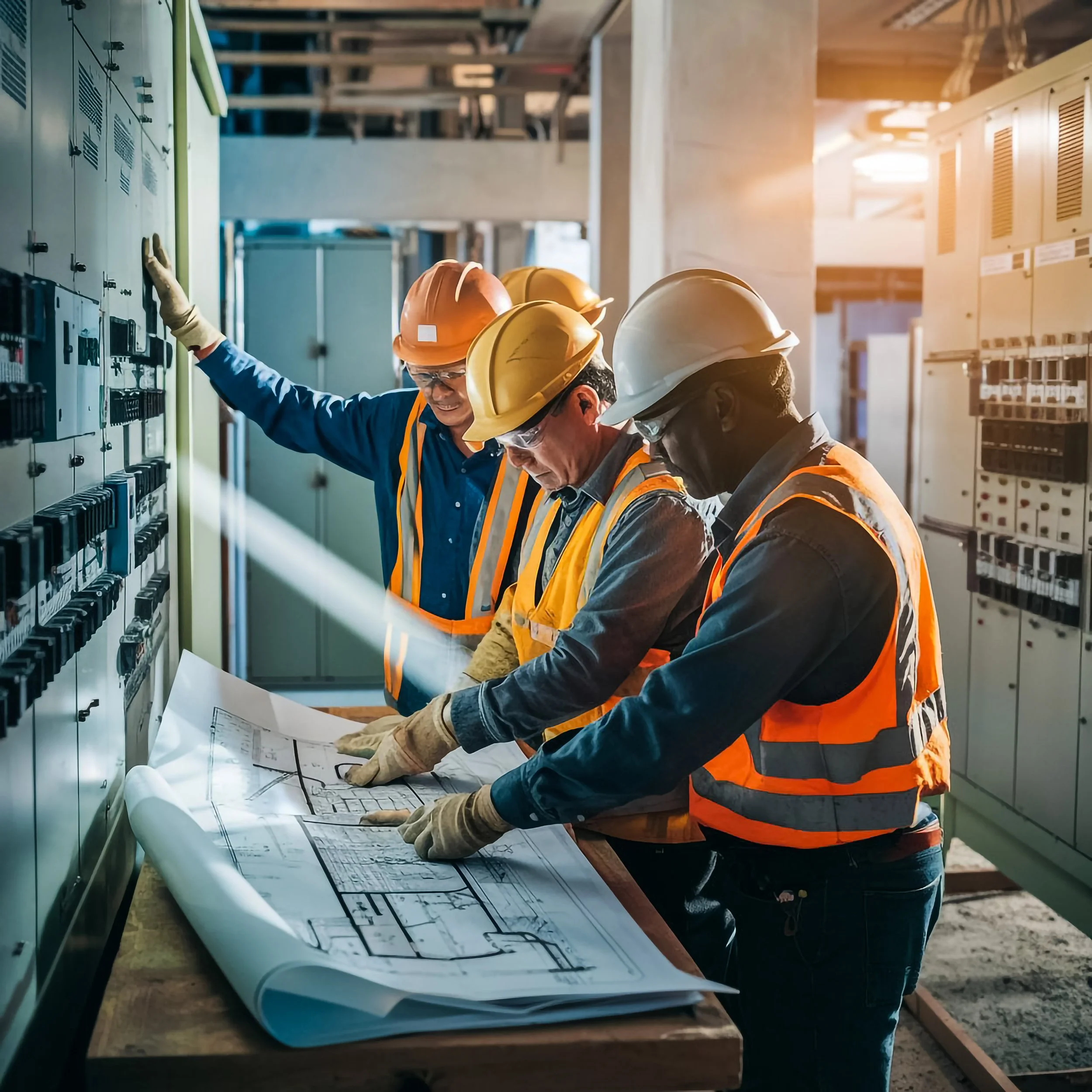 Three engineers wearing hard hats and safety vests examine blueprints in an electrical room.