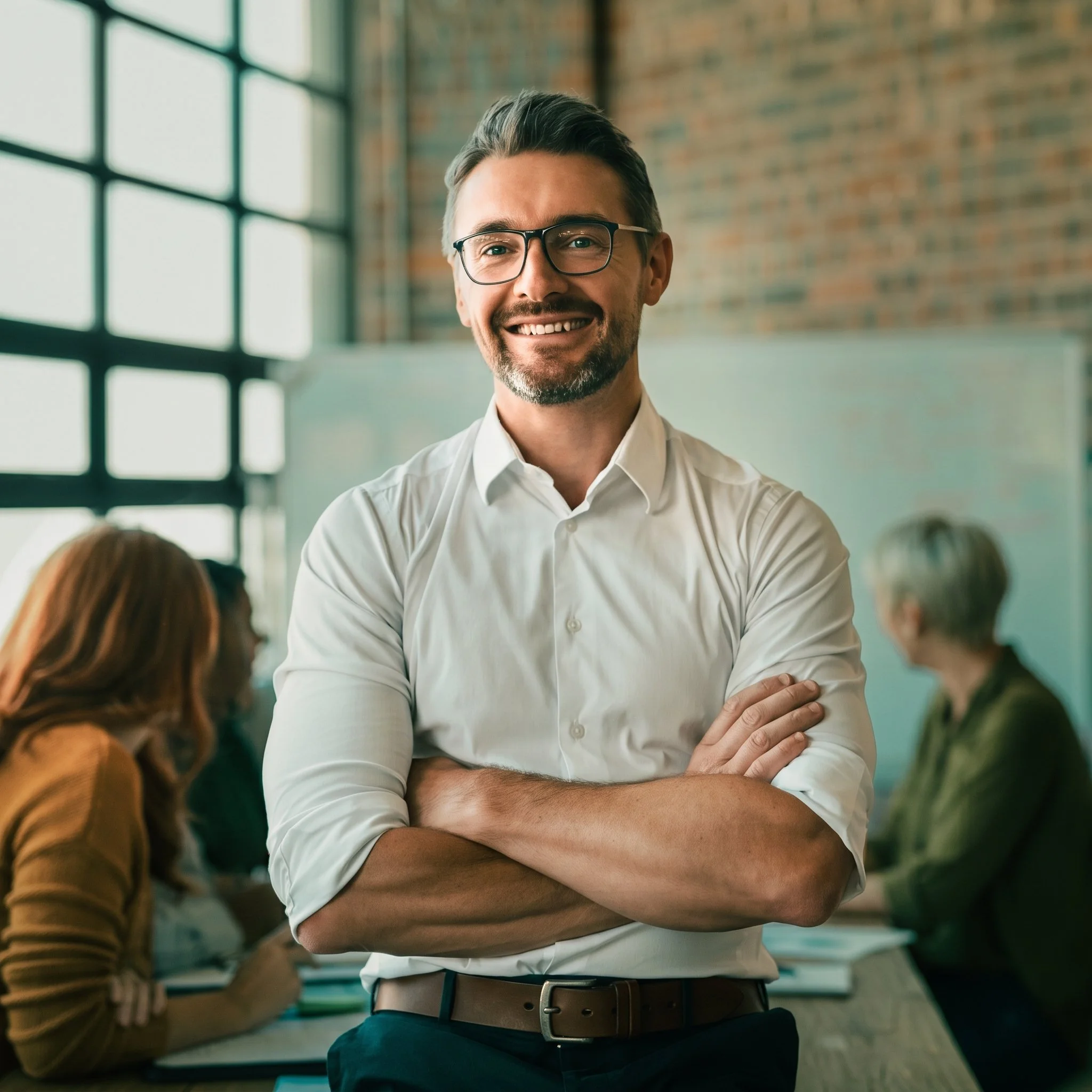A smiling man in a white button-down shirt and glasses standing with his arms crossed in front of a group of colleagues in an office.