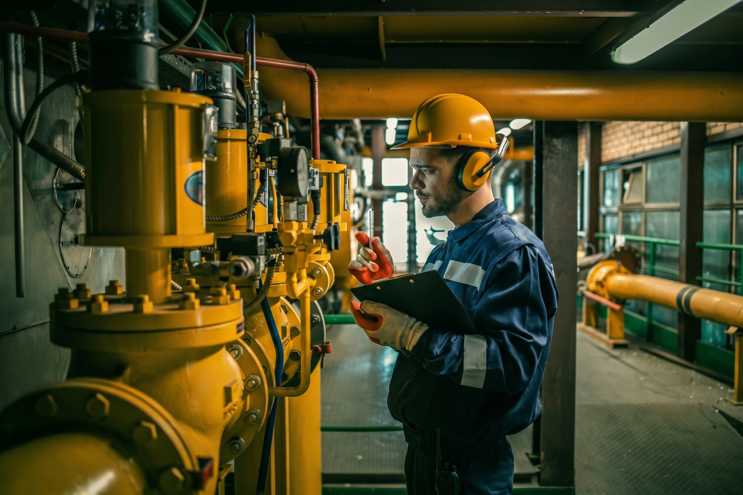 A technician in a yellow hard hat and work uniform inspects industrial machinery while holding a clipboard and a small test tube.