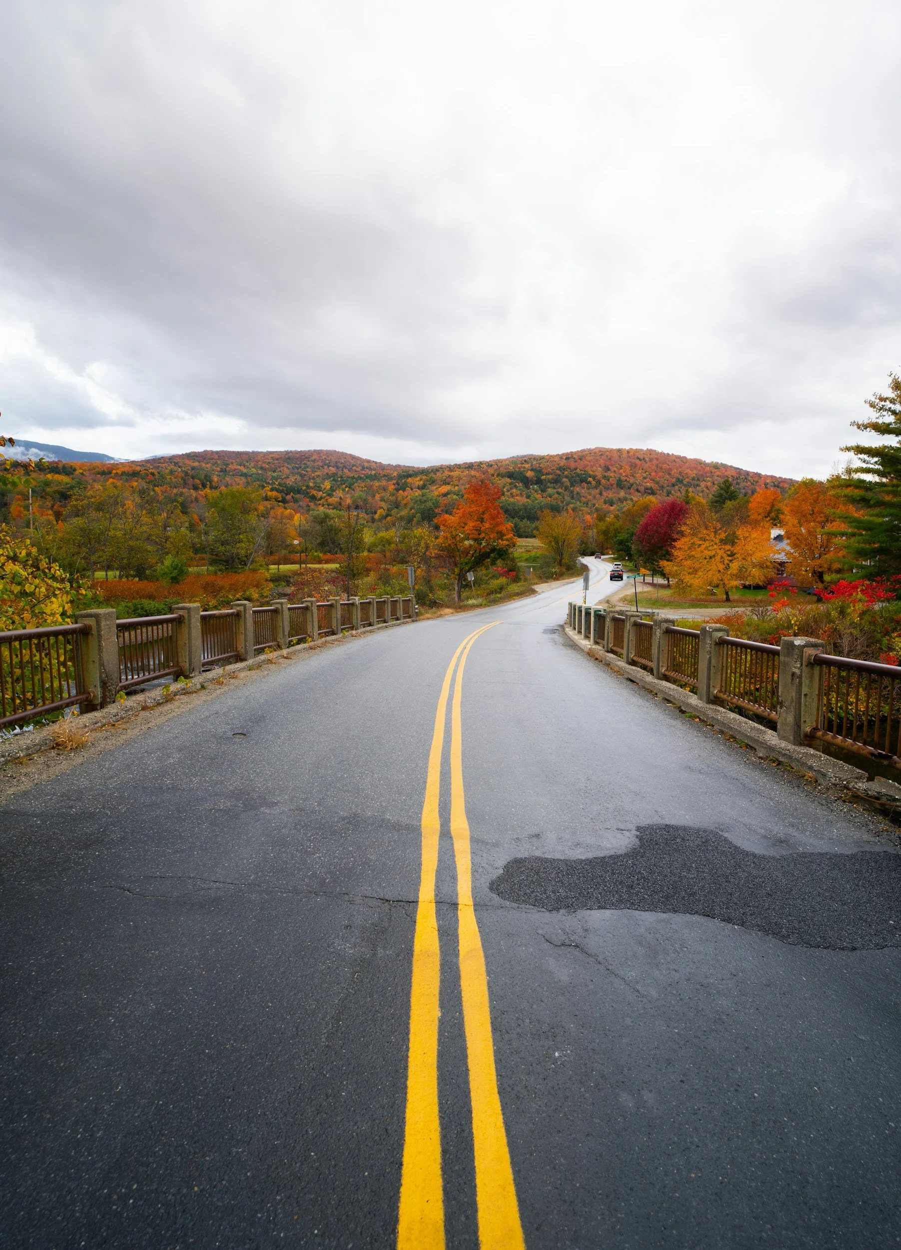 Curving road with double yellow lines, surrounded by autumn-colored trees, under a cloudy sky.