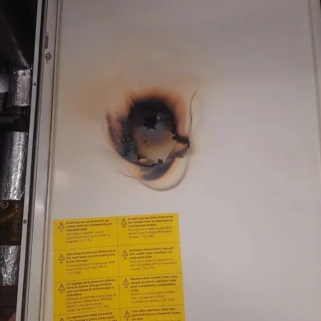 Ensure your annual gas boiler service is carried out by an RGI registered company/qualified tradesperson - this boiler overheated when the heater exchanger cracked and melted the front casing of the unit