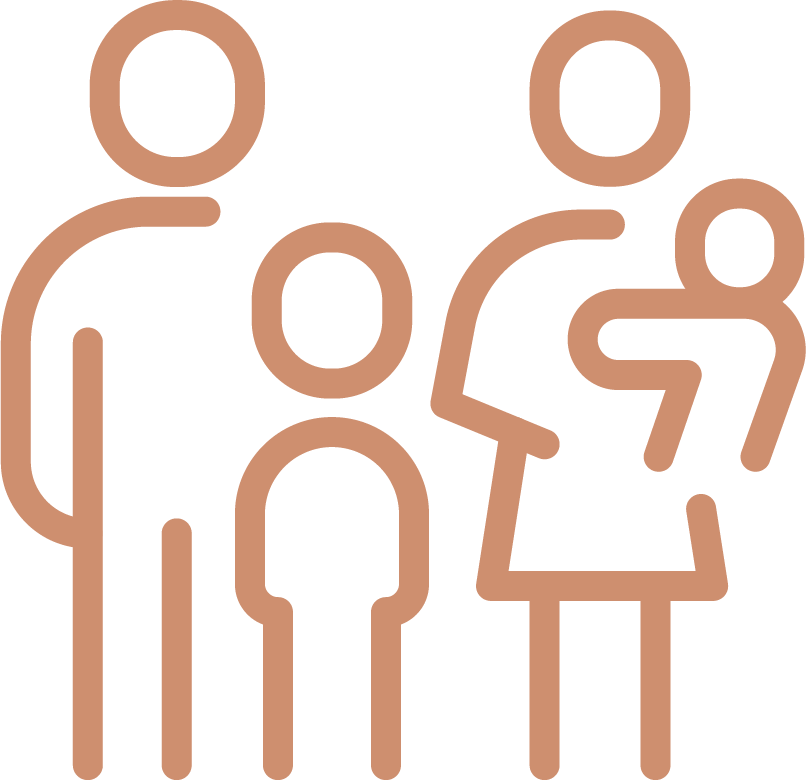 Line art icon of a family of four, two adults and two children, standing together.