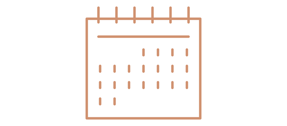 Illustration of a calendar page with a row of rings at the top, horizontal line at the top, and dotted lines representing dates or events.