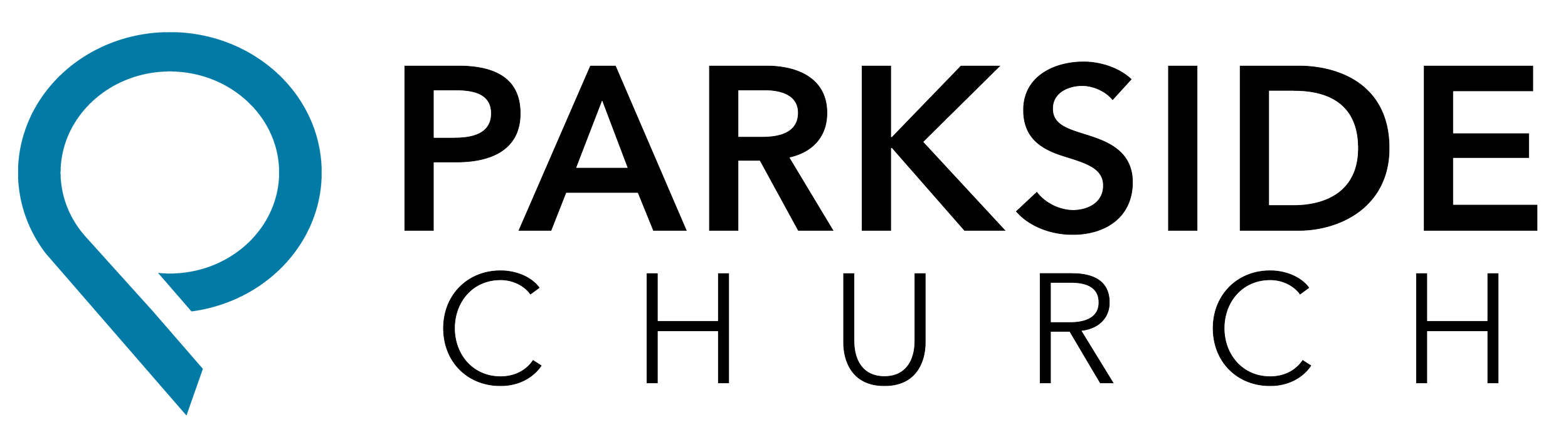 Logo of Parkside Church featuring a blue map pin icon with the text "PARKSIDE CHURCH" in black outline.