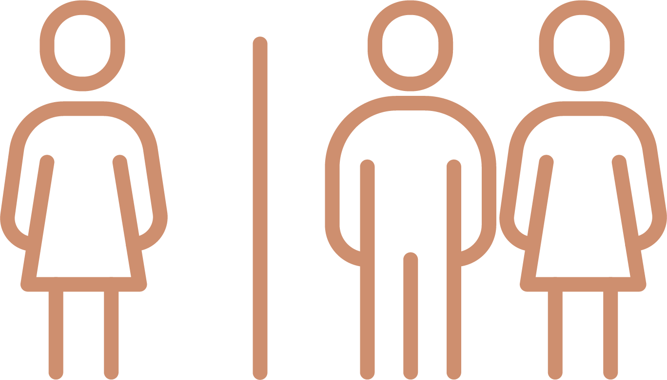 Line drawing of three people, a man and women couple and a female single with a line between them.