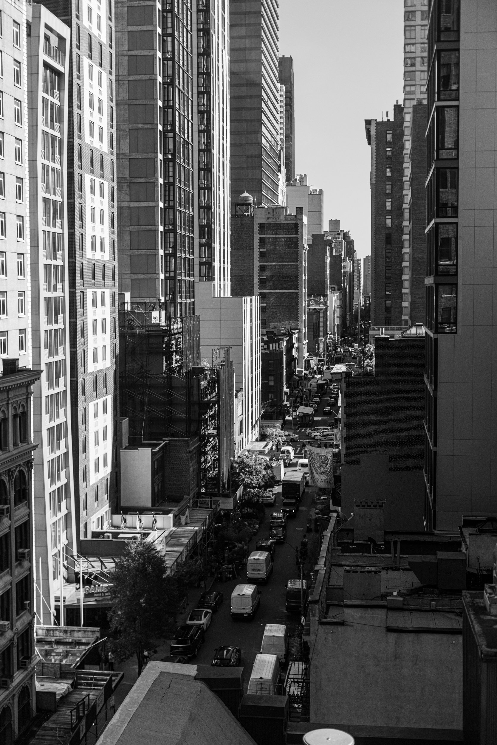 A west-facing view of a NYC street from The Pilates Room Studio in Chelsea