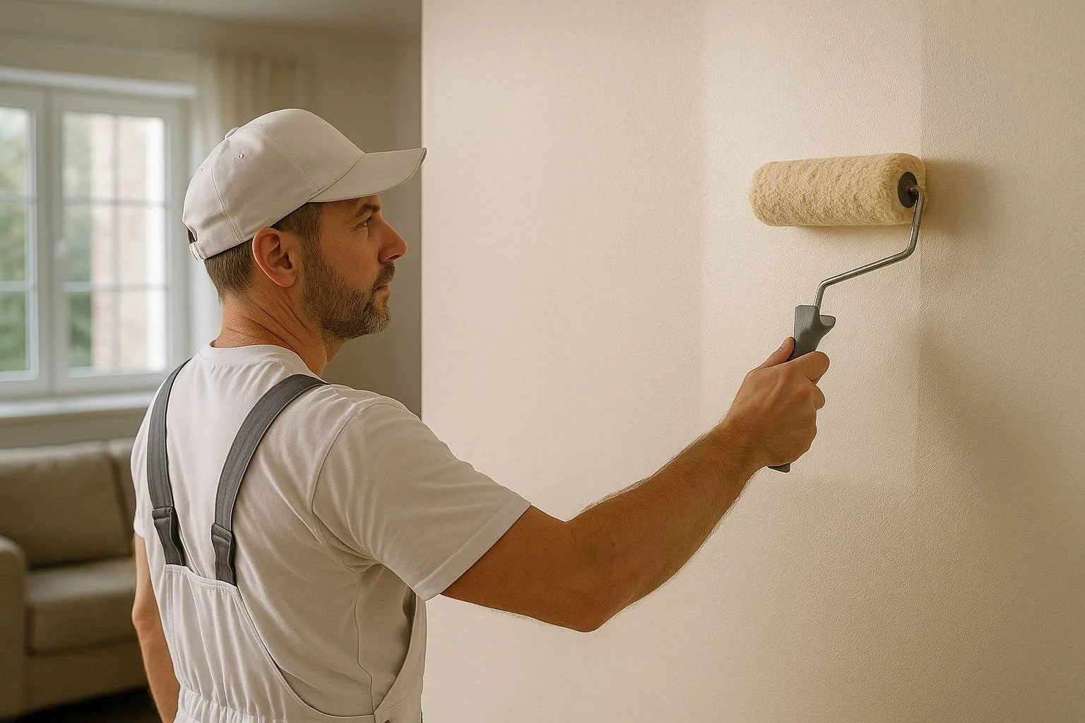 Painter adding a smooth, fresh coat of paint to a living room wall.