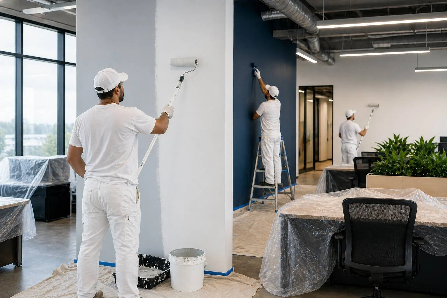 Commercial painting crew applying fresh interior paint in a modern office workspace