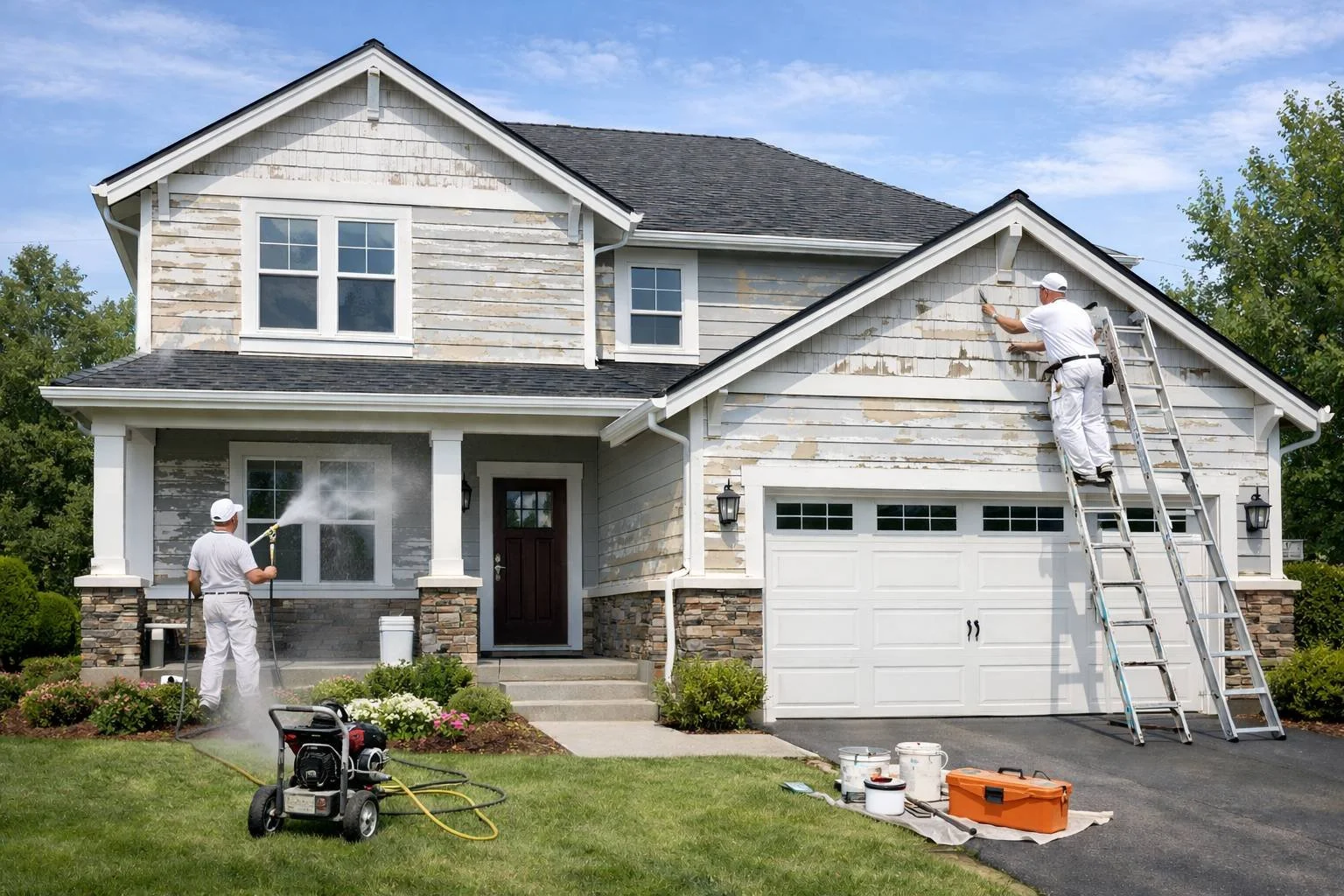 Exterior house painting preparation, including power washing and surface repair, before applying new paint