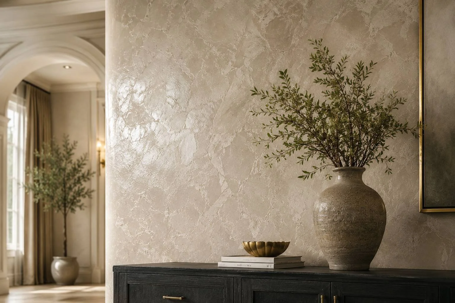 Decorative faux finish painting with Venetian plaster texture in an upscale interior