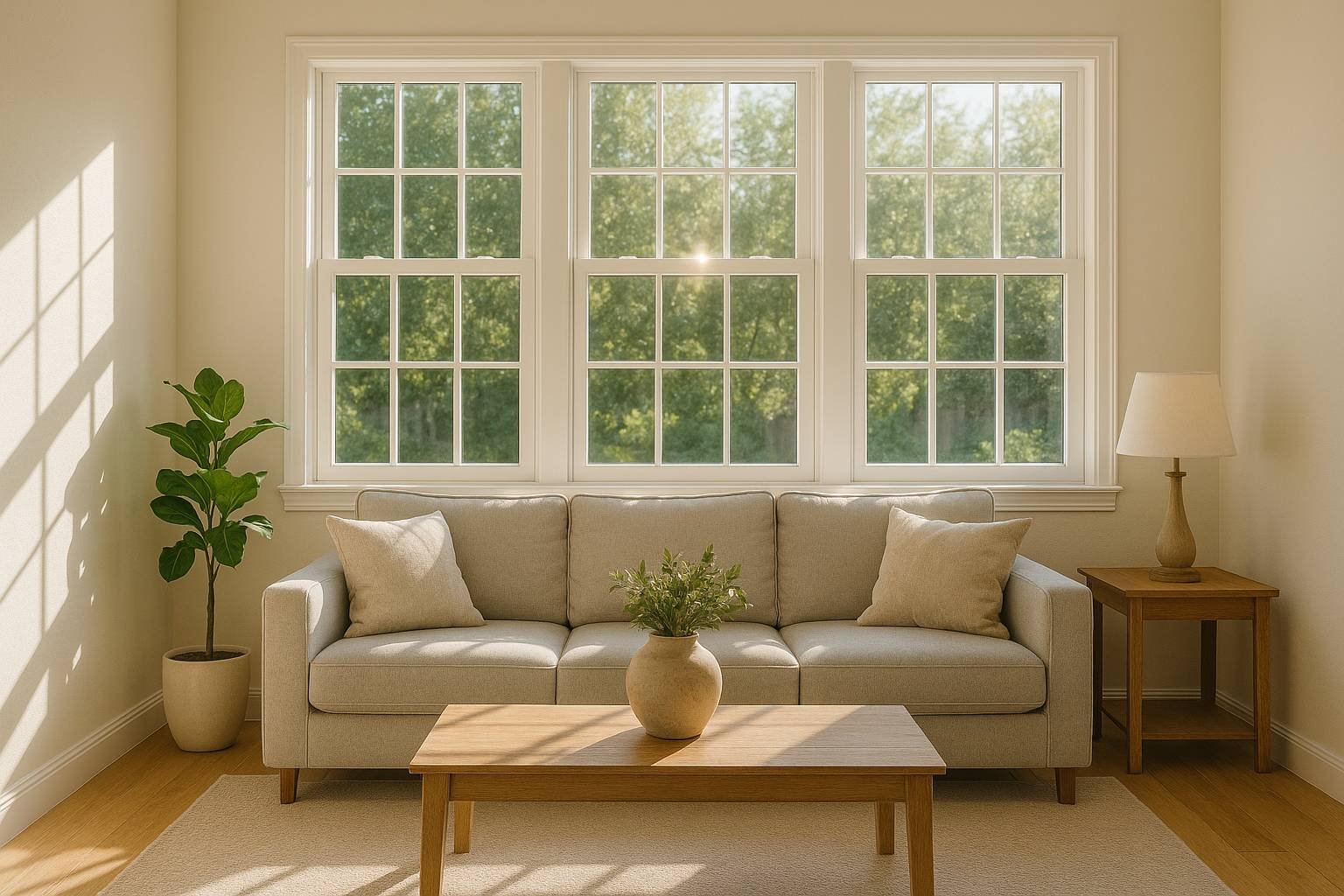 Sunlight shining through clean home windows, brightening a living room.