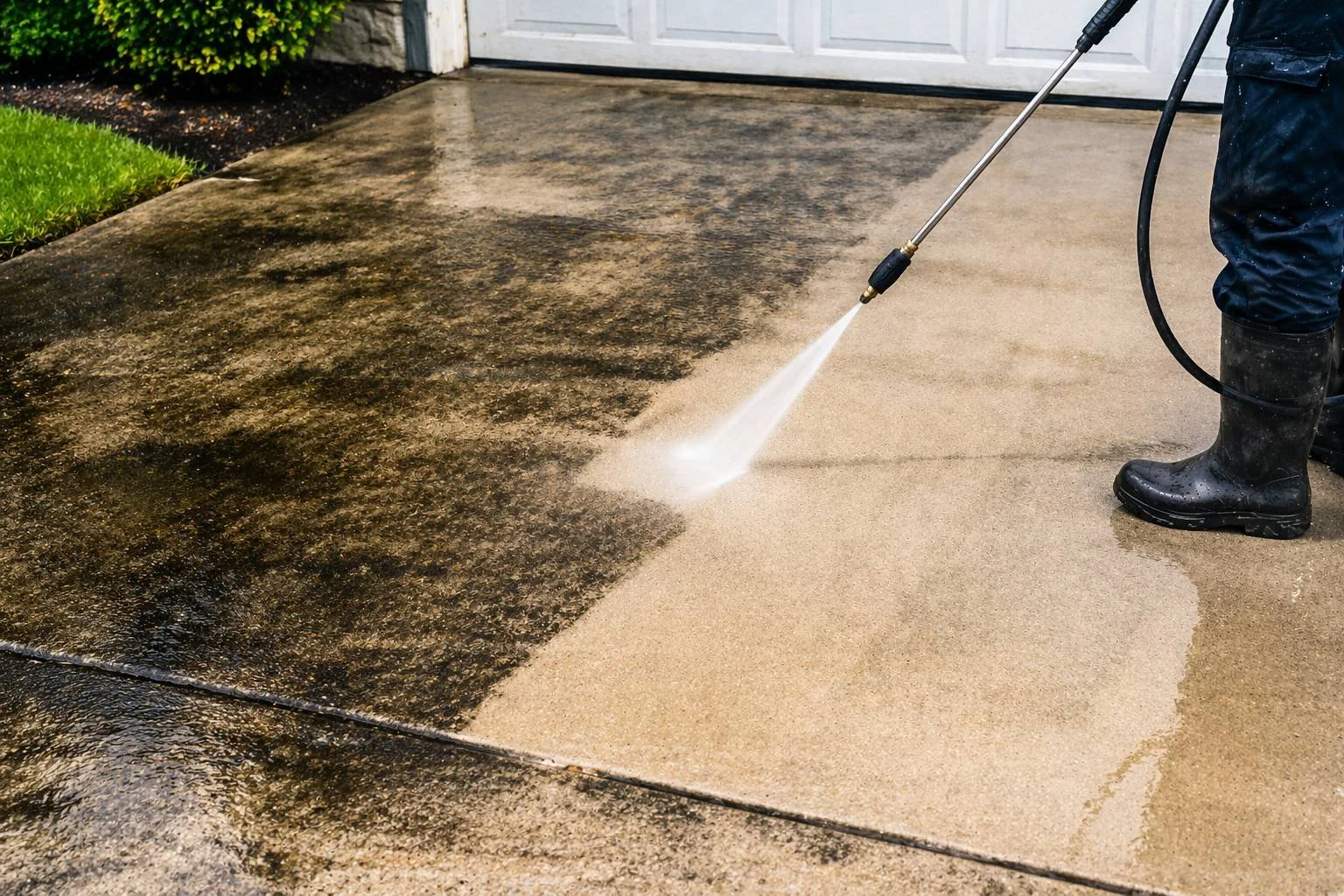 Driveway surface being cleaned with power washing services to remove stains and restore appearance.