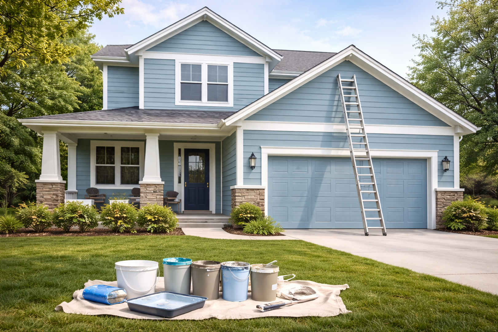 A residential painting exterior home repaint with ladder and a fresh coat finish.