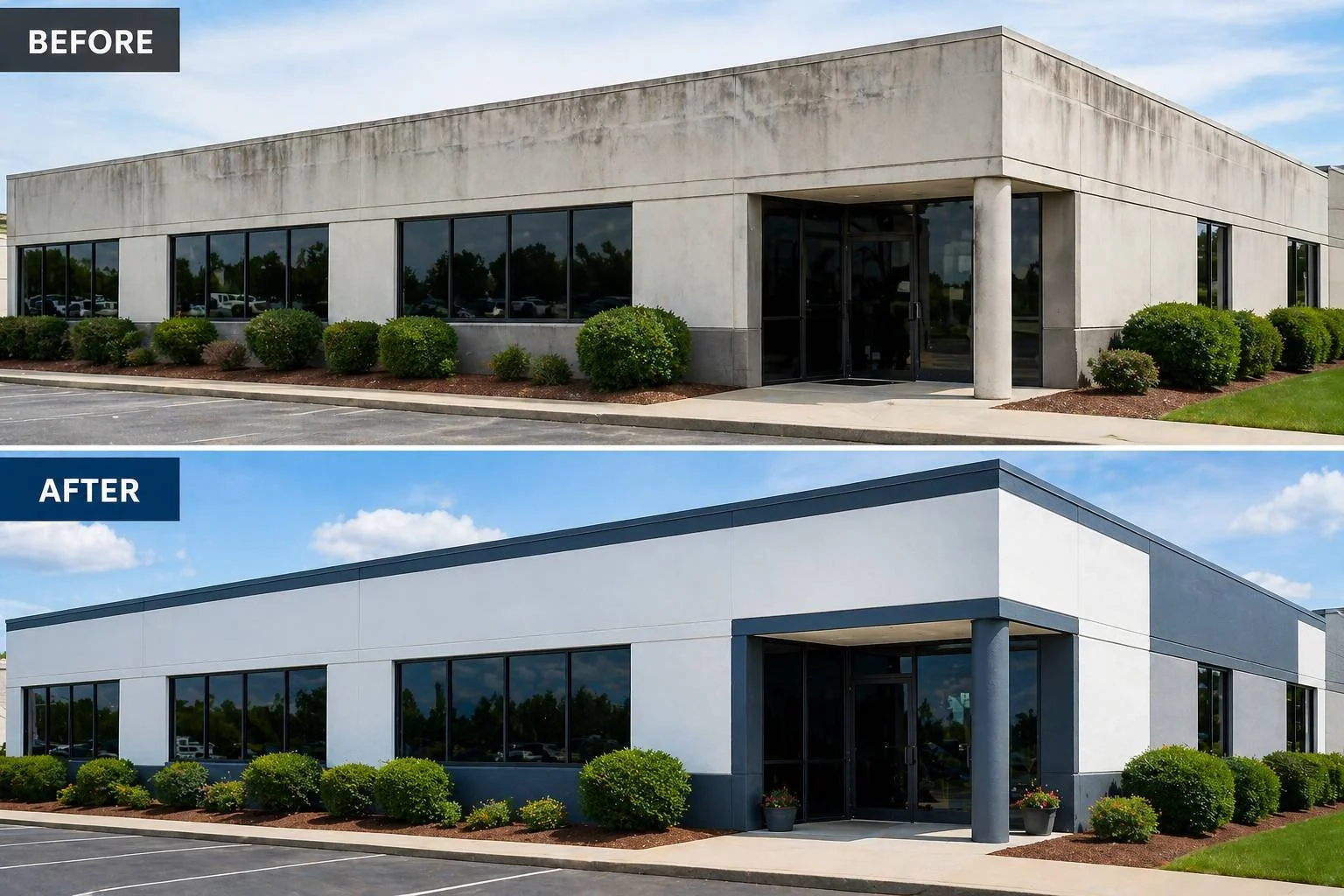 Exterior commercial building before and after painting, showing improved curb appeal