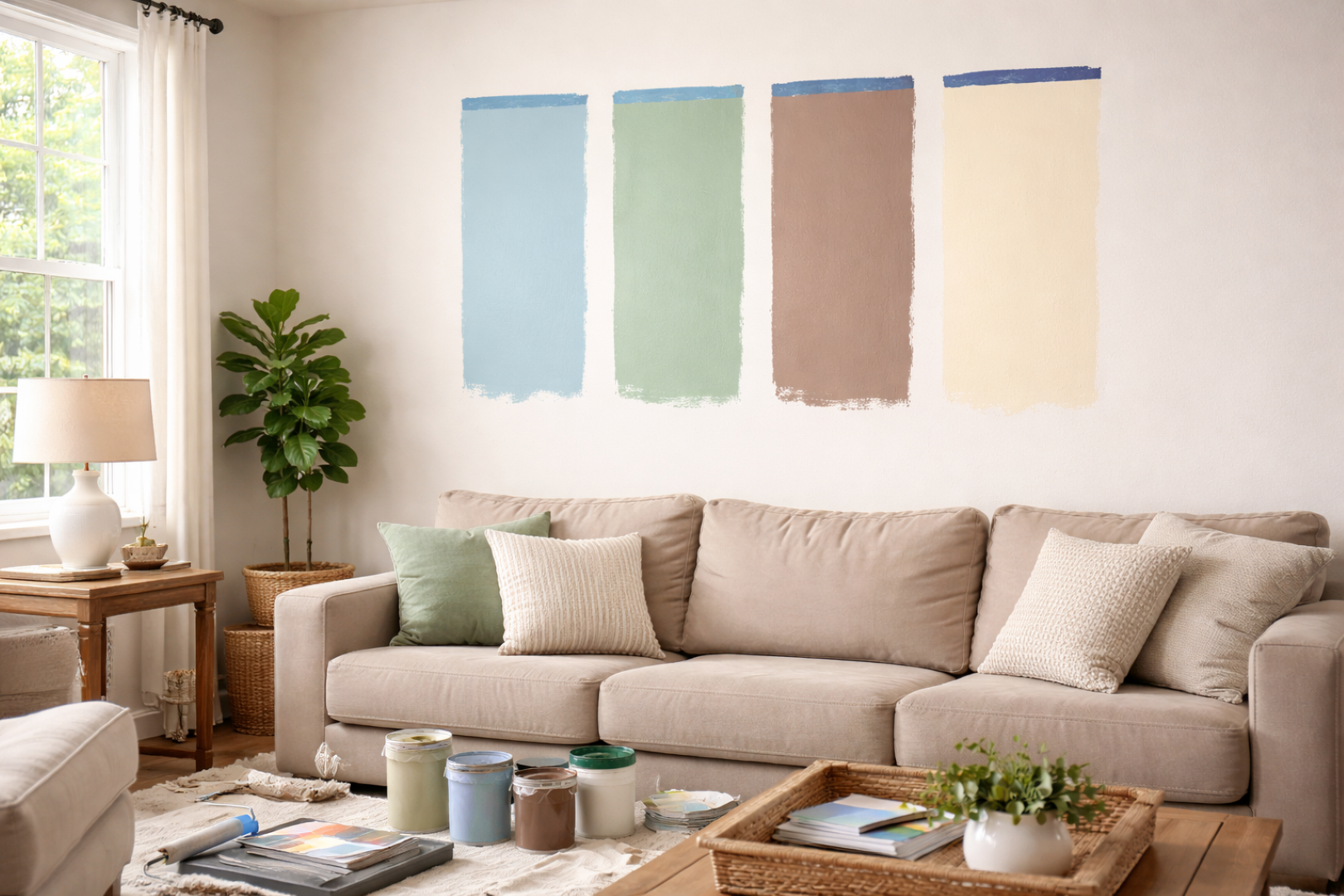 A residential painting color sample tested on the interior wall in the living room.