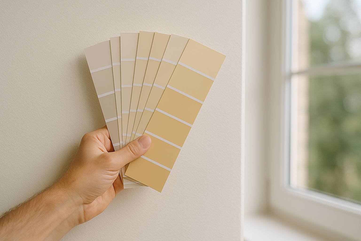 Paint color swatches held against a wall to compare shades in natural light.