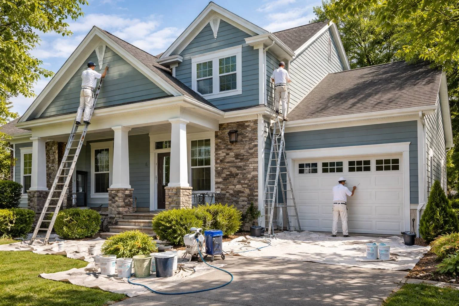 Professional painters refreshing the exterior of a Long Island-style home