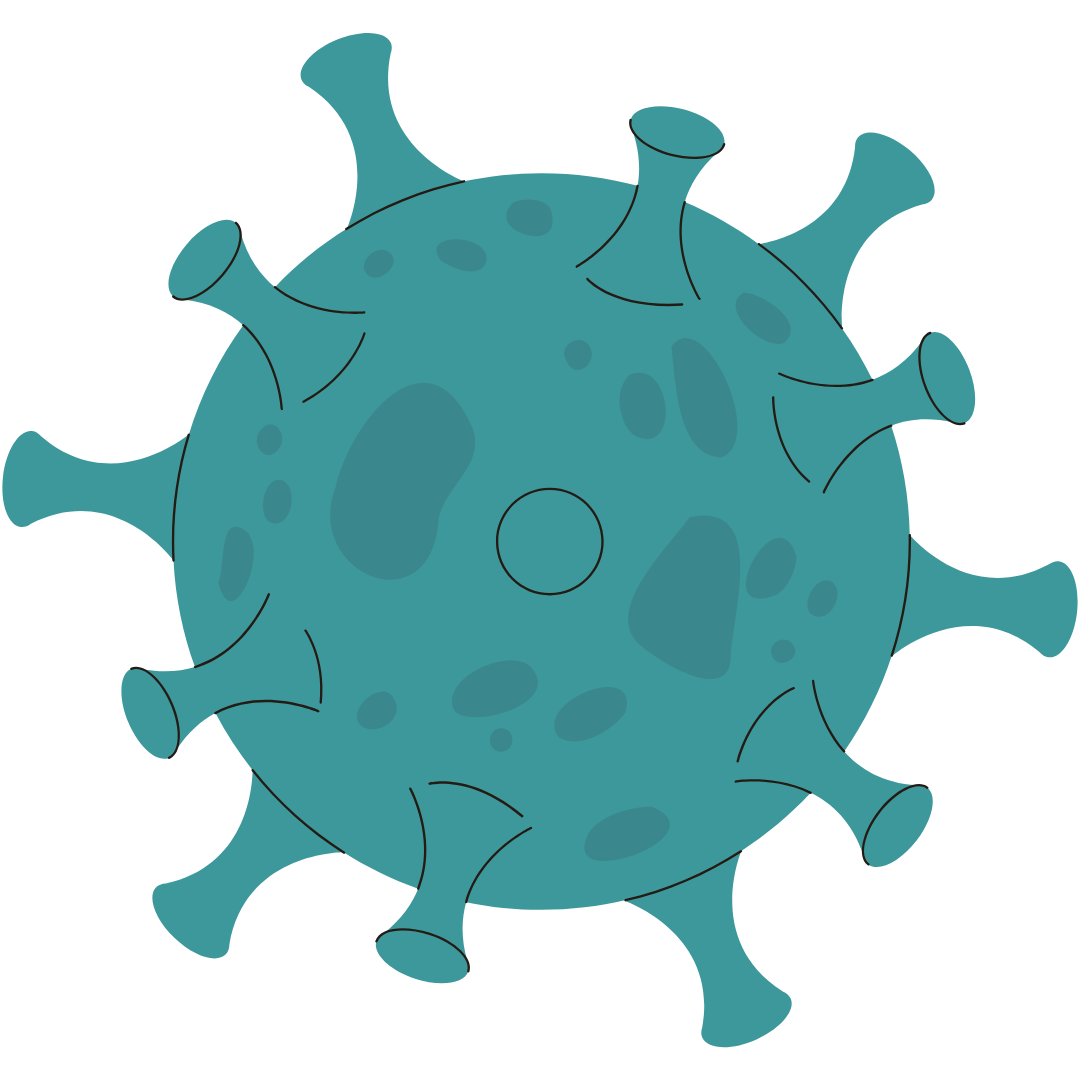 A digital illustration of a virus or germ with a spherical shape and spike-like structures protruding from its surface.