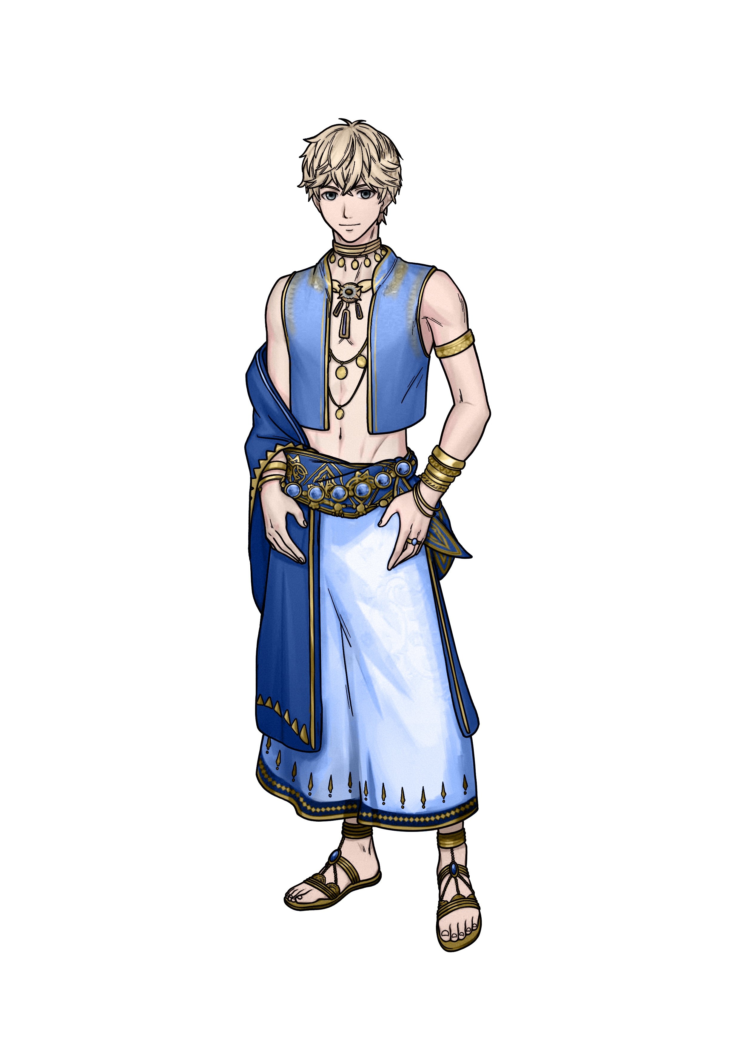 A young man dressed in a fantasy-style outfit, with blonde hair, wearing a blue and white robe, gold accessories, and sandals.