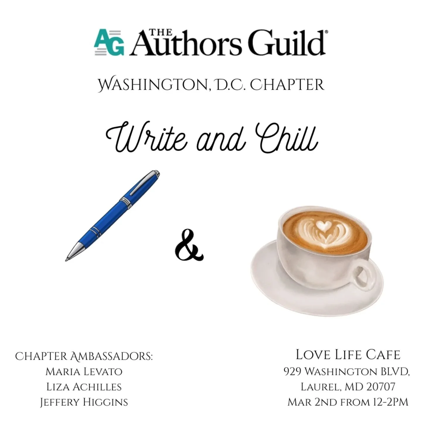 Reminder: @authorsguild Washington, D.C. chapter is hosting a casual meet up where both members and non-members can come to hangout, write together, talk about our projects, and enjoy some great food/coffee. I look forward to connecting with some fel