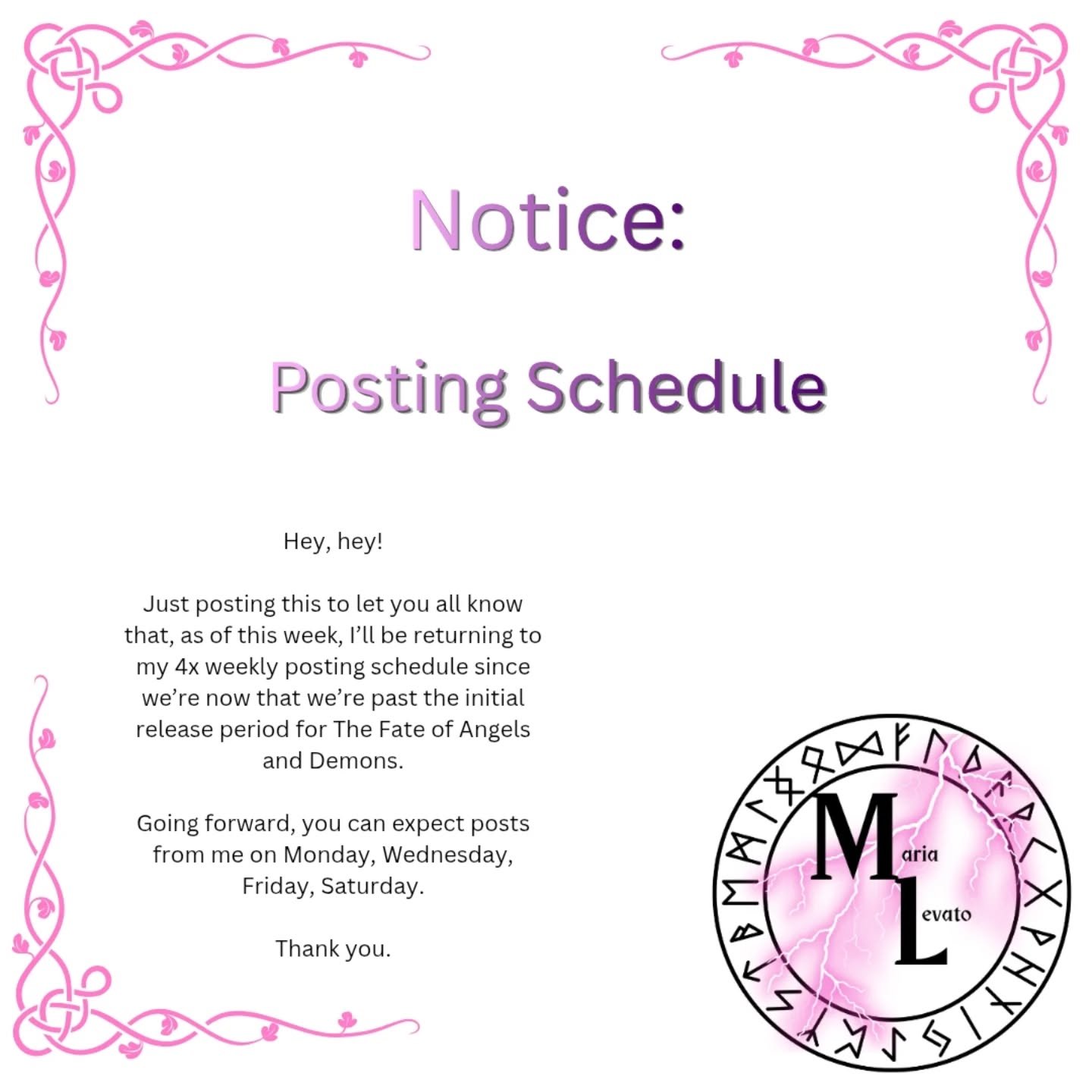 Posting schedule updates!

From here onward, I'll be returning to a 4x weekly posting schedule. You'll see me on Monday, Wednesday, Friday, and Saturday.

Of course, I'll move back to posting daily once I have another book near its release, but for n