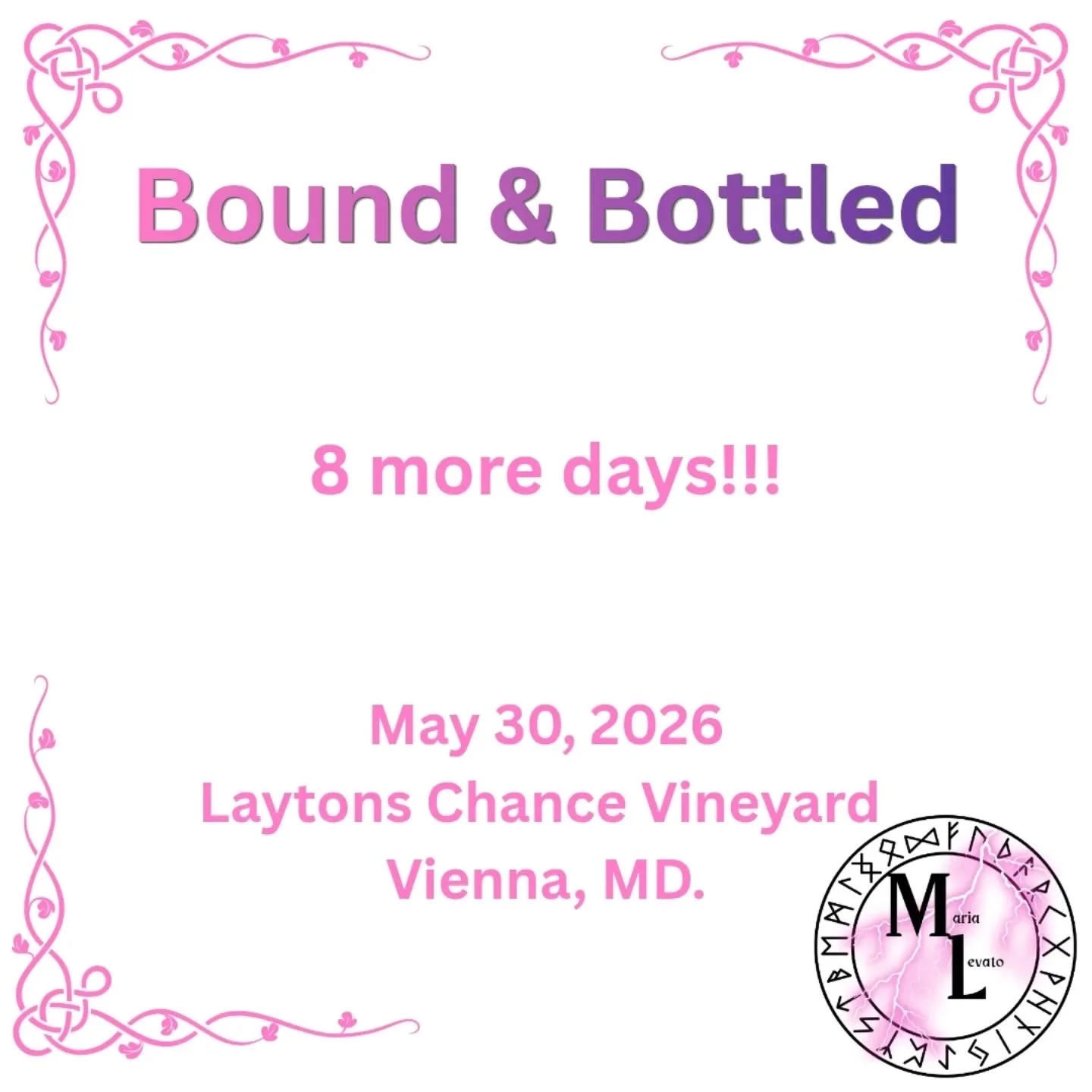 8 more days until Bound &amp; Bottled, a bookish event in Vienna, MD.

Join me and a bunch of other local authors for at Layton's Chance Vineyard next Saturday! Special edition and paperback copies of The Fate of Angels and Demons will be available a