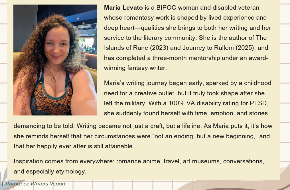 Feature on indie author Maria Levato in the Dec 2025 issue of the Romance Writers Report.