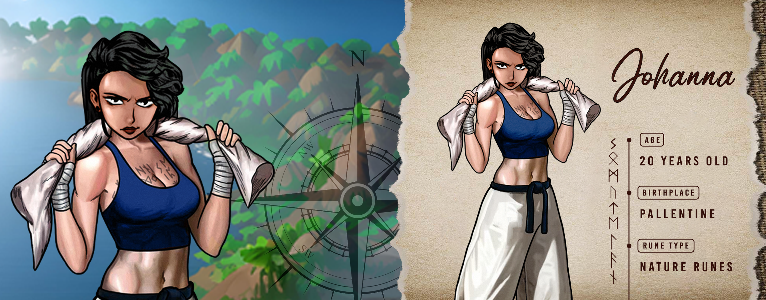 Illustration of a female character, named Johanna, wearing a blue sports top and white pants, holding a towel over her shoulders. She has wrapped hands and tattoos on her chest. The background features a compass design and trees. Text includes age 20