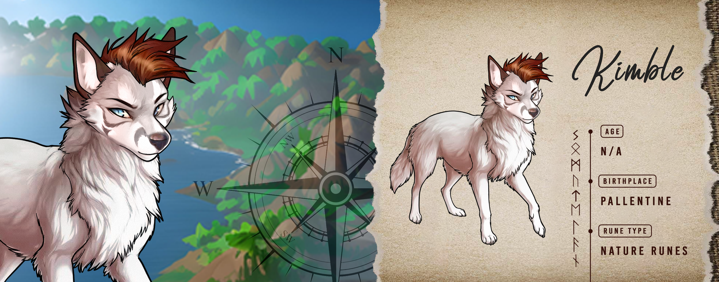 Illustration of an anime-style wolf with brown tufted hair, standing against a tropical background with a compass and mountains. Text on the side describes the character "Kimble" with details like age, birthplace as Pallentine, and rune type as Natur