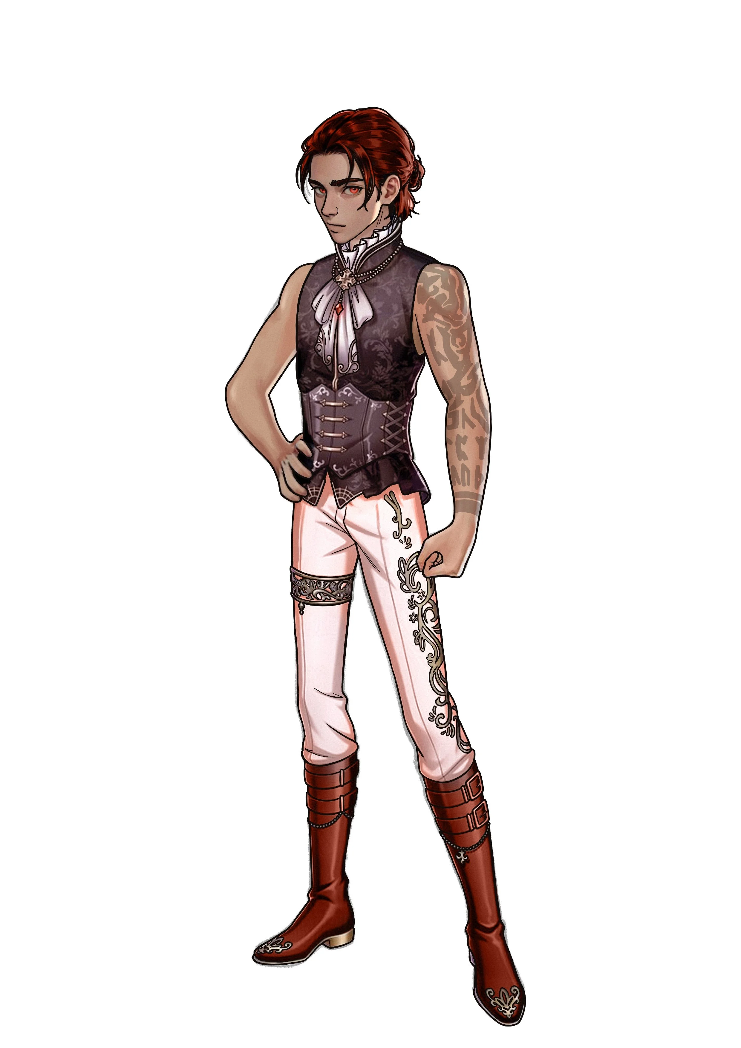 Illustration of a person with red hair, tattoos, and a confident pose, wearing a dark vest, white pants with embroidery, and brown boots.