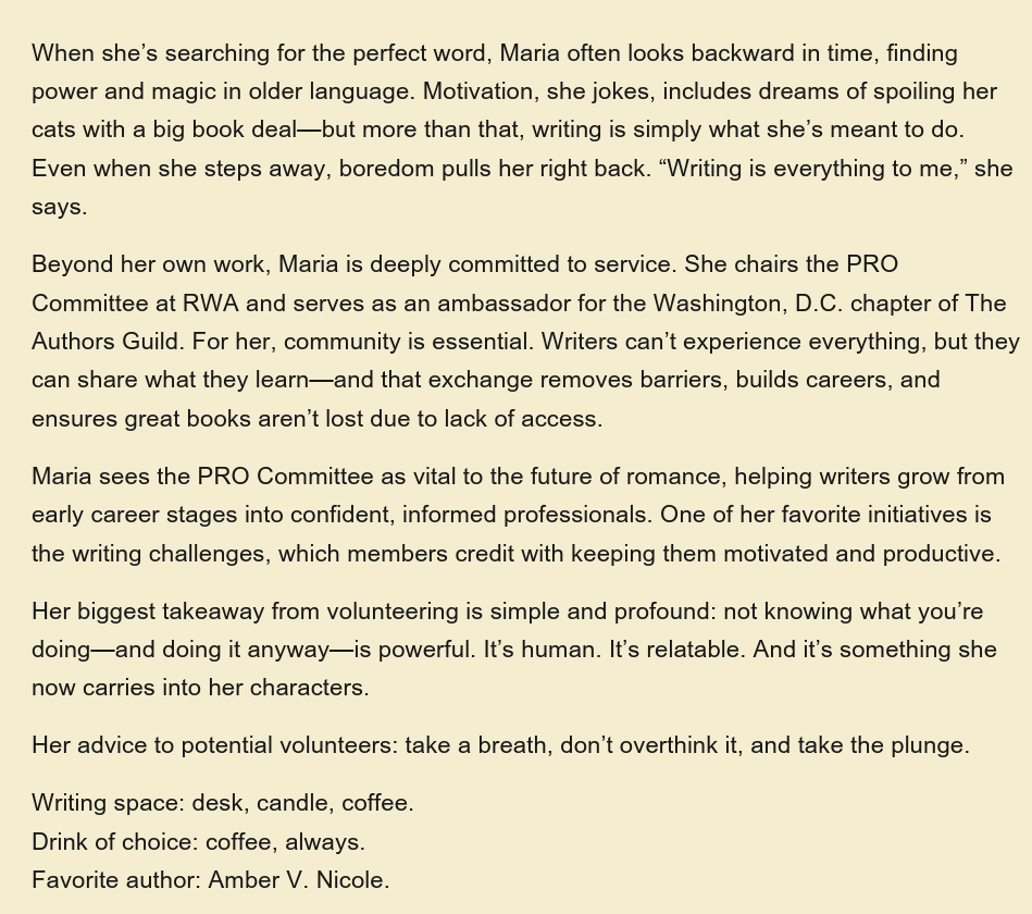 Feature on indie author Maria Levato in the Dec 2025 issue of the Romance Writers Report continued.