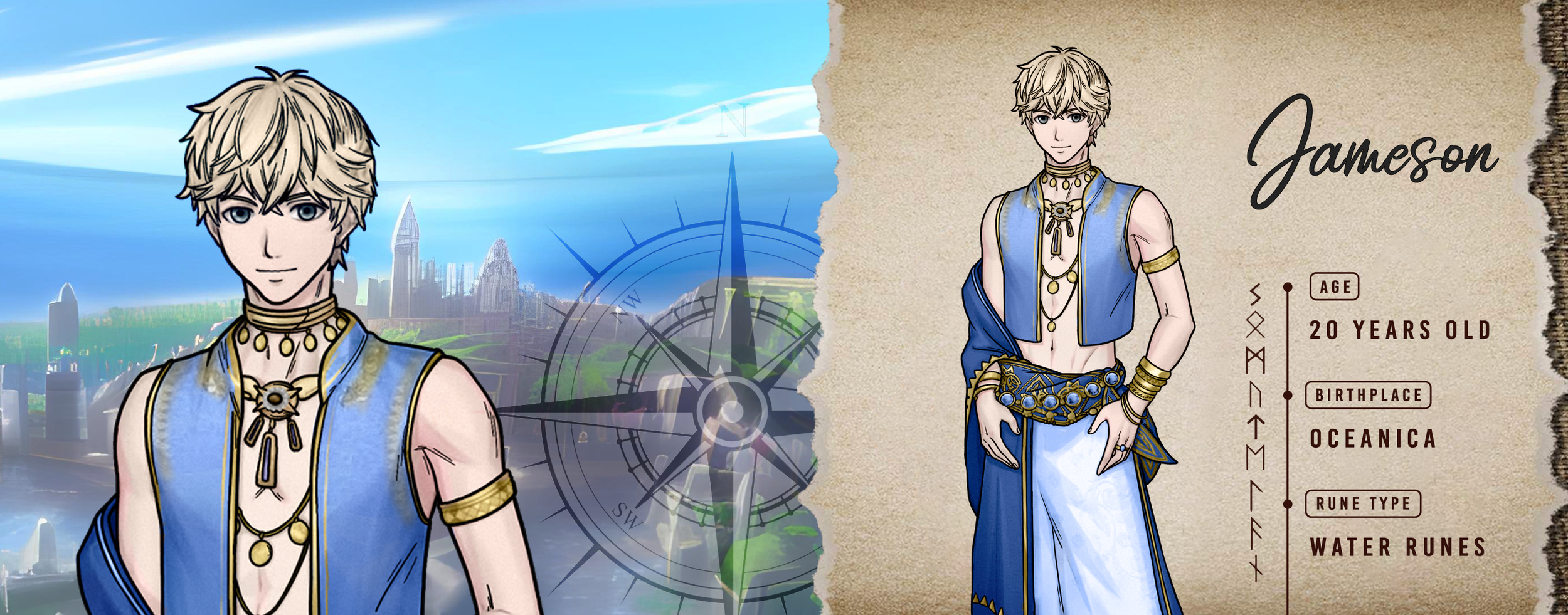 Illustration of a character with blond hair, wearing a blue sleeveless vest with gold accents and adornments, set against a cityscape background with a compass design overlay. The right side contains character details: name "Jameson," age 20, birthpl