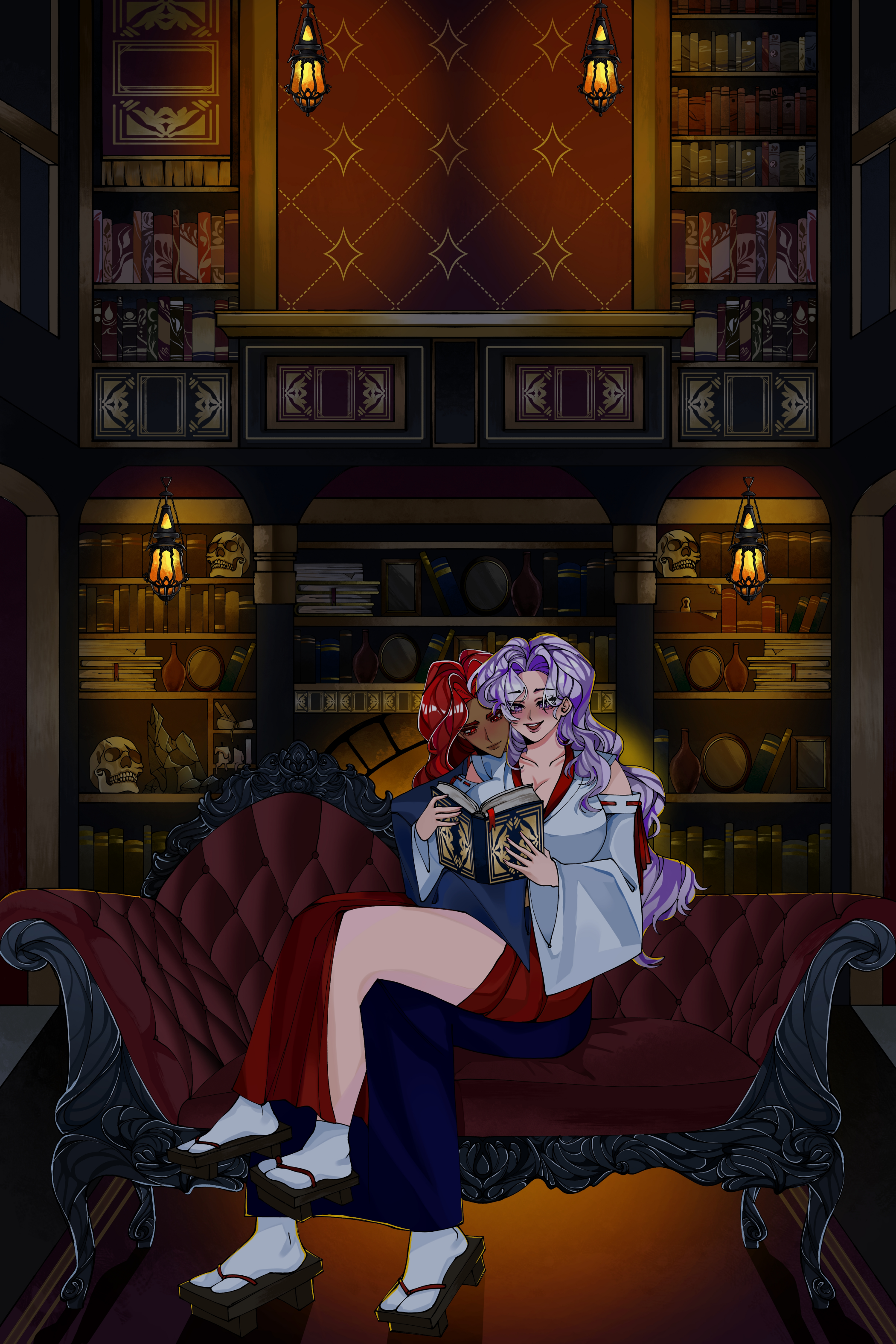 Character art of main characters Lilly and Michael from Maria Levato's book, The Fate of Angels and Demons, sitting on the chair of Michael's palace library with Lilly in his lap reading together.