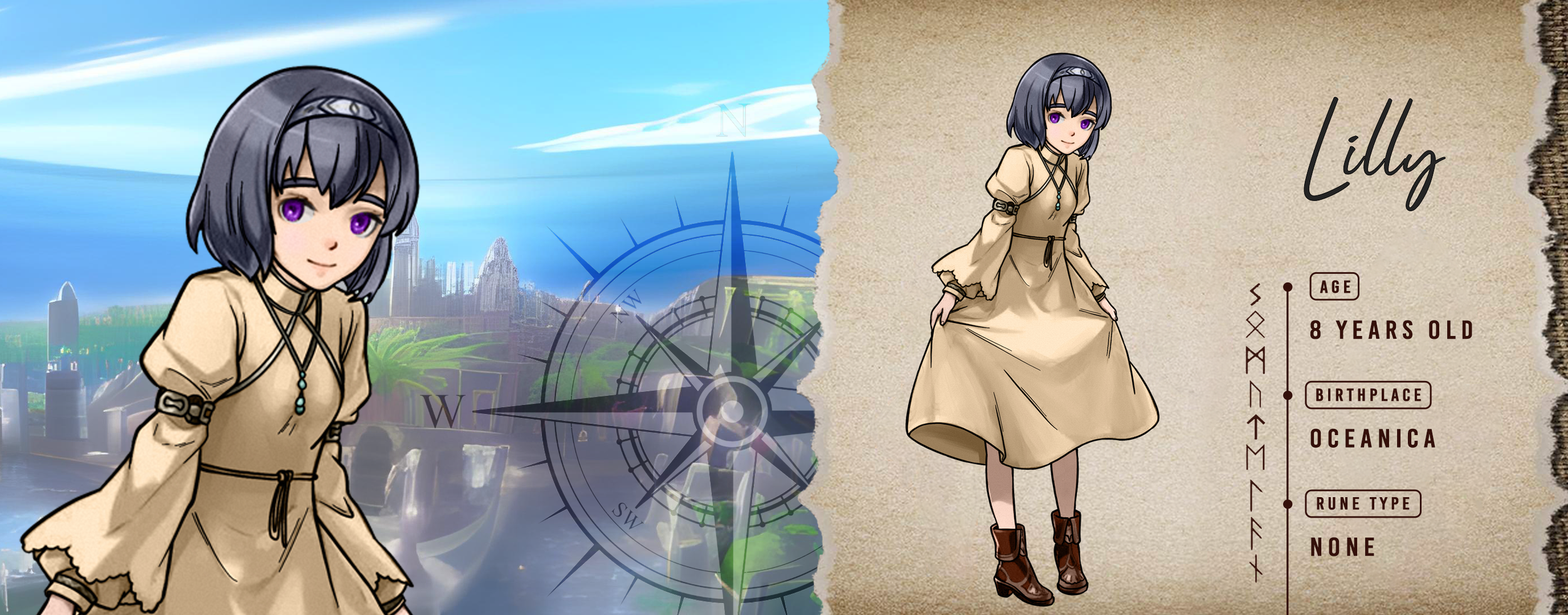Anime-style girl named Lilly, 8 years old, from Oceanica, wearing a beige dress and boots, with a scenic background and compass overlay.