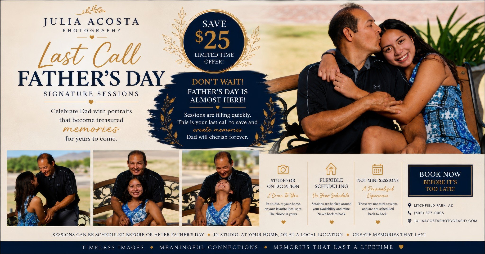 r💙 LAST CALL FOR FATHER'S DAY PORTRAITS 💙

A quick reminder...

These are NOT mini sessions.

These are personalized portrait experiences scheduled around YOUR availability and mine. No rushing. No back-to-back appointments. No crowded event day.


