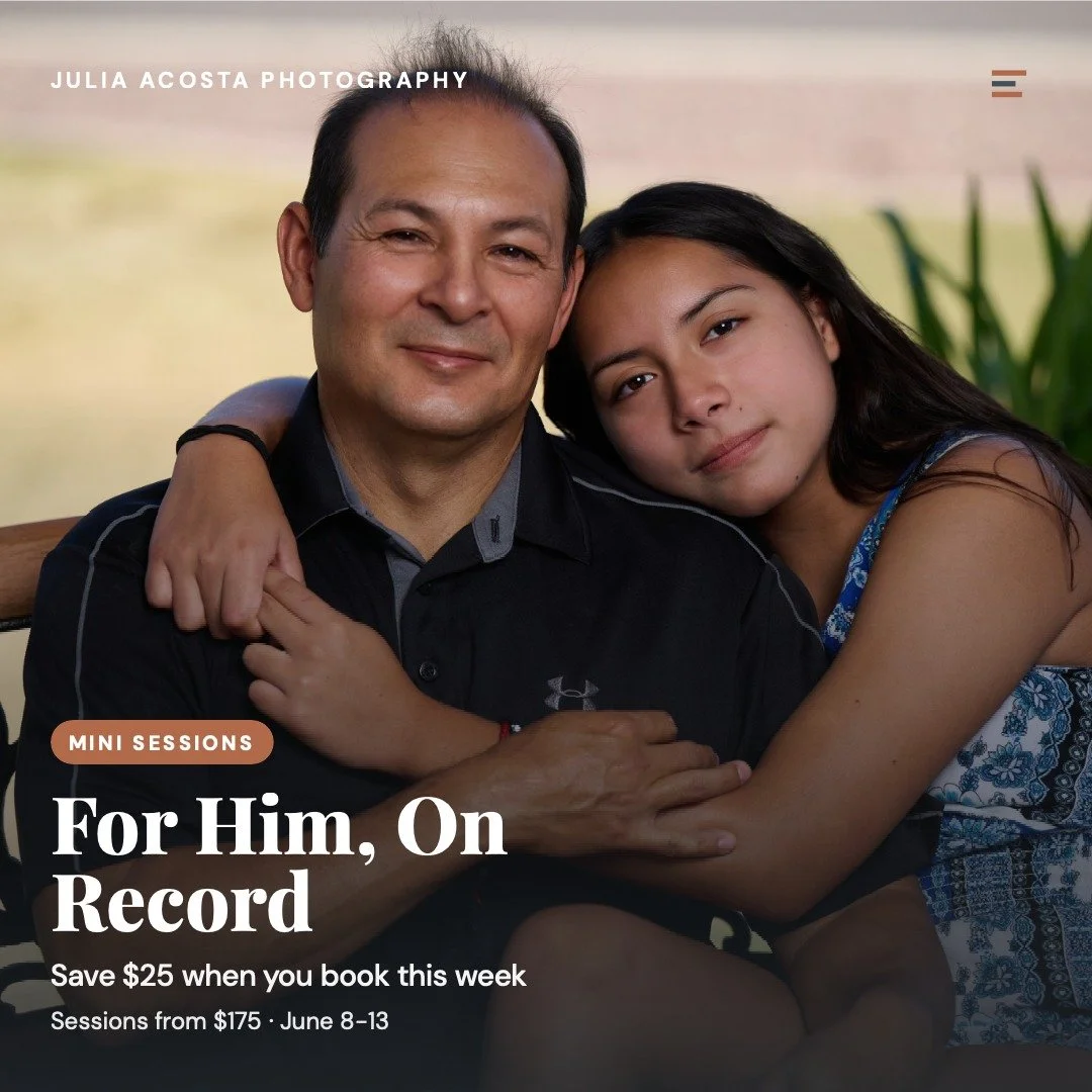 🚨 FATHER'S DAY SALE 🚨

For a limited time, receive **$25 OFF** your Father's Day Signature Sessions!

Because Dad deserves more than another tie, mug, or gift card.

Give him something that will last forever&mdash;a portrait with the people he love