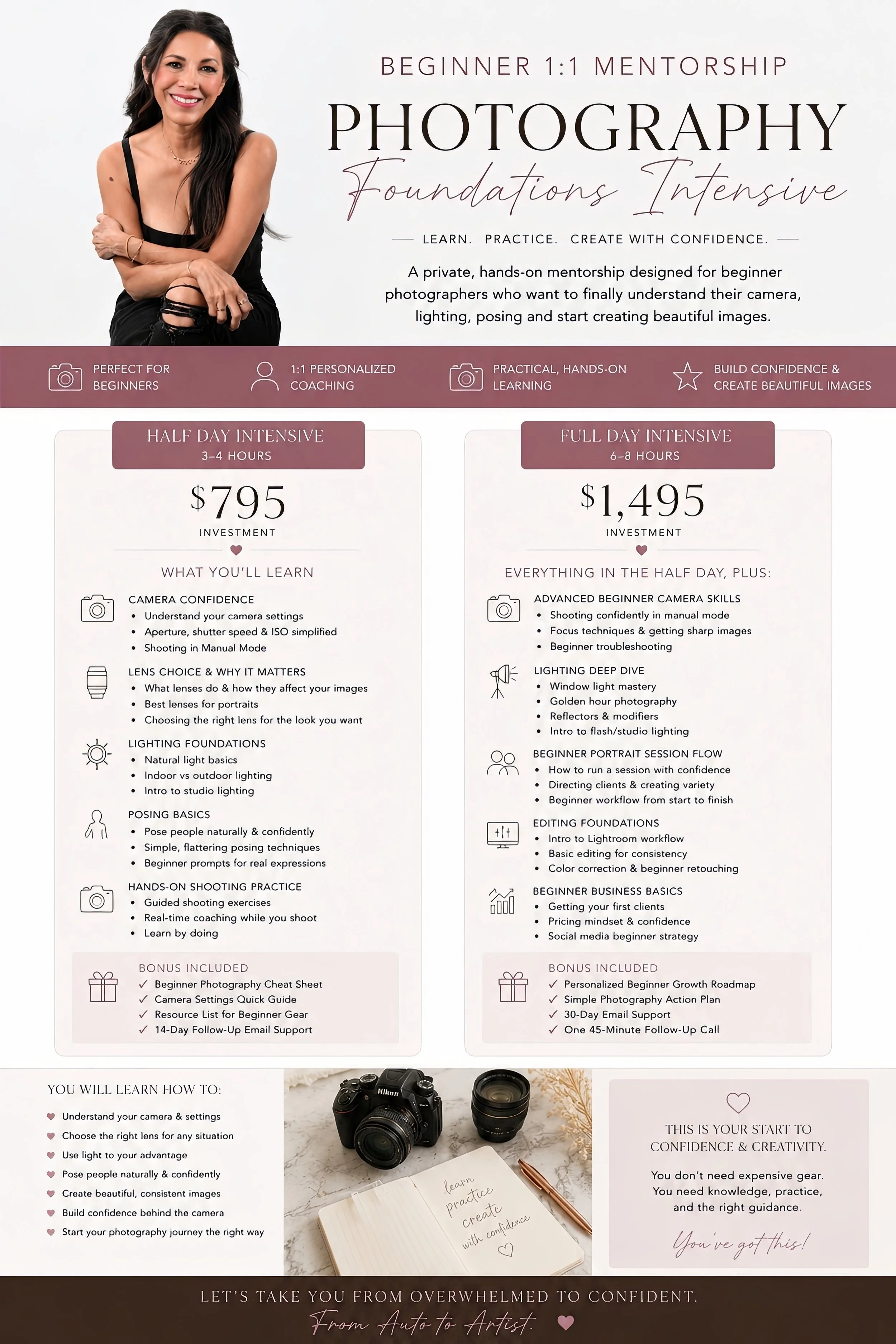 An advertisement for a beginner photography mentorship program. The ad features a smiling woman with long dark hair, wearing a black top, sitting with her arms crossed, on a white background. The text promotes a beginner 1:1 mentorship called 'Foundations Intensive,' offering half-day and full-day options, with details about pricing, what students will learn, and bonus resources. The lower part of the image shows a camera and a notebook with a pen.