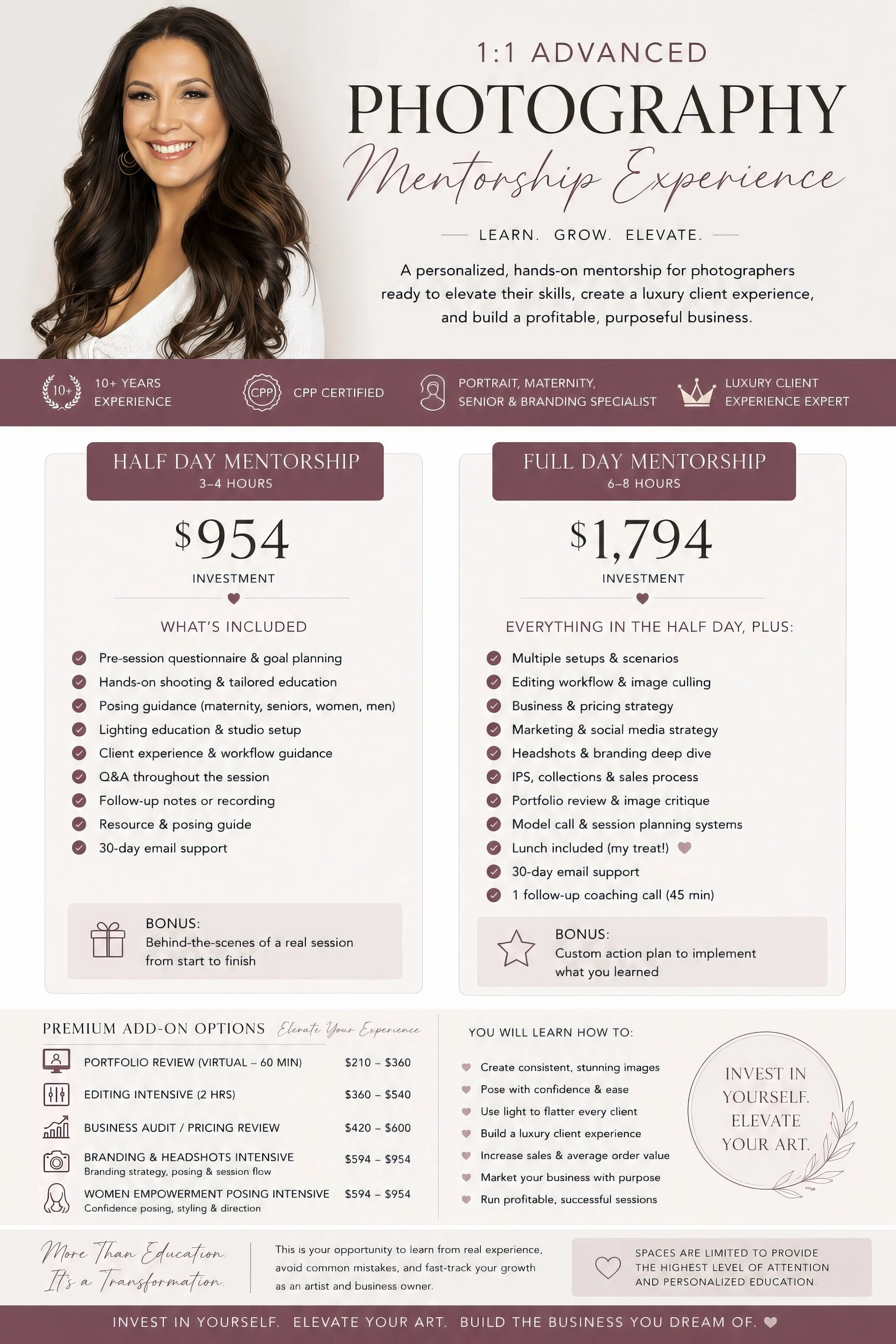 A promotional flyer for advanced photography mentorship experience featuring a smiling woman with long wavy brown hair on the left side. The flyer highlights coaching options, prices, what is included, bonuses, and how to learn more.