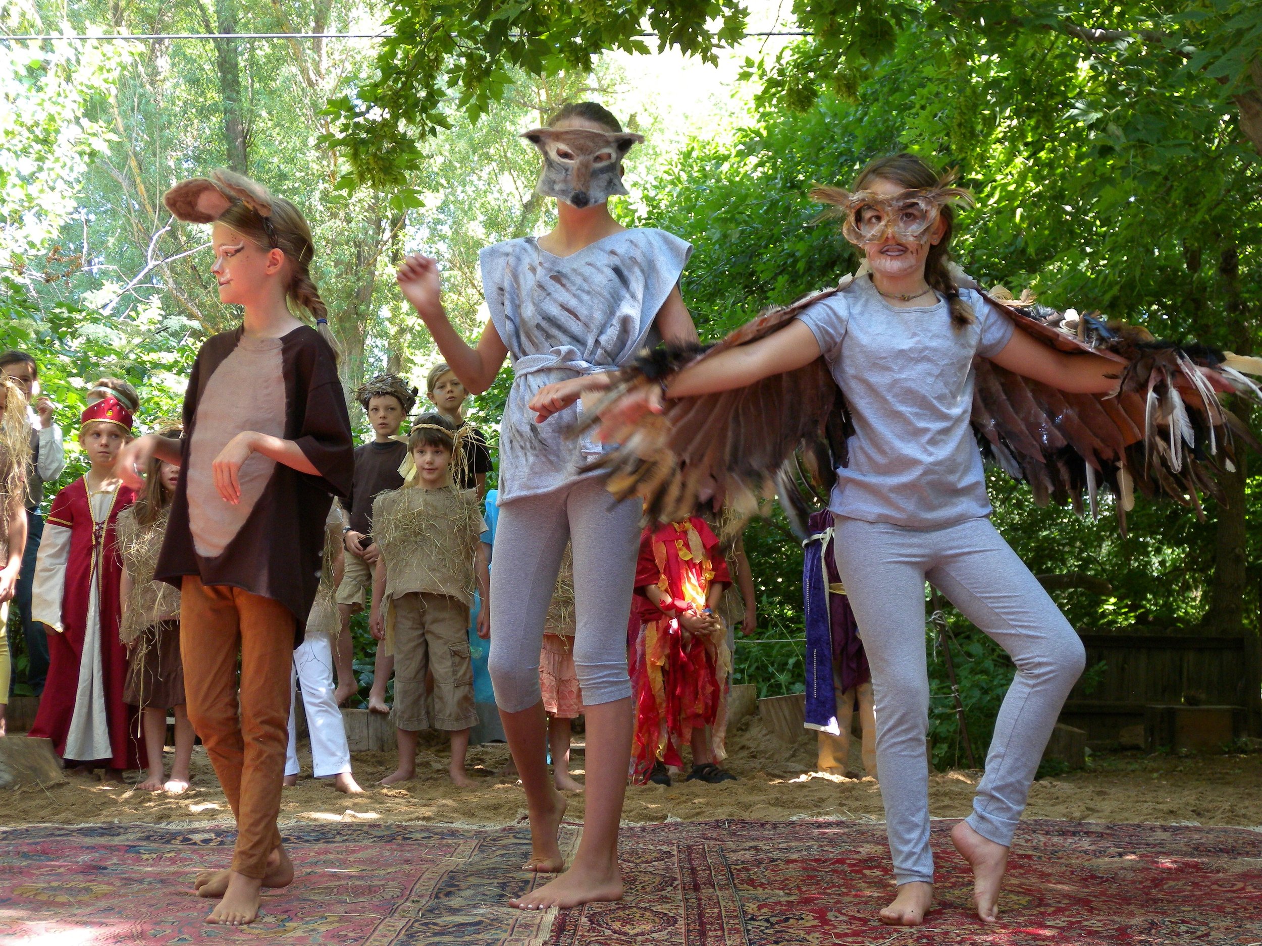 Children dressed in animal costumes performing on stage outdoors with an audience of other children watching at Sage Programs in Boulder CO.