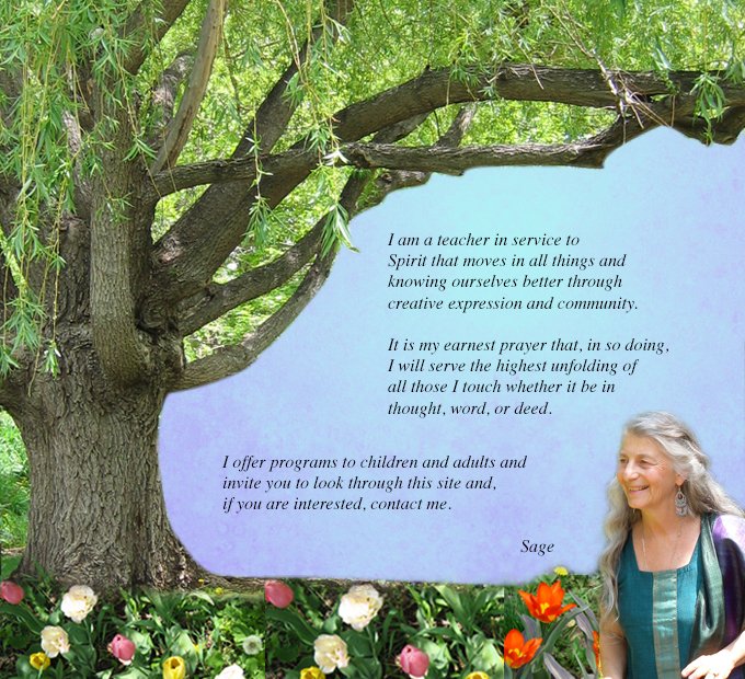 This is an image with text and a large tree with a thick trunk and sprawling branches, surrounded by colorful flowers. On the bottom right, there is a picture of Sage Hamilton of Sage Programs in Boulder CO.