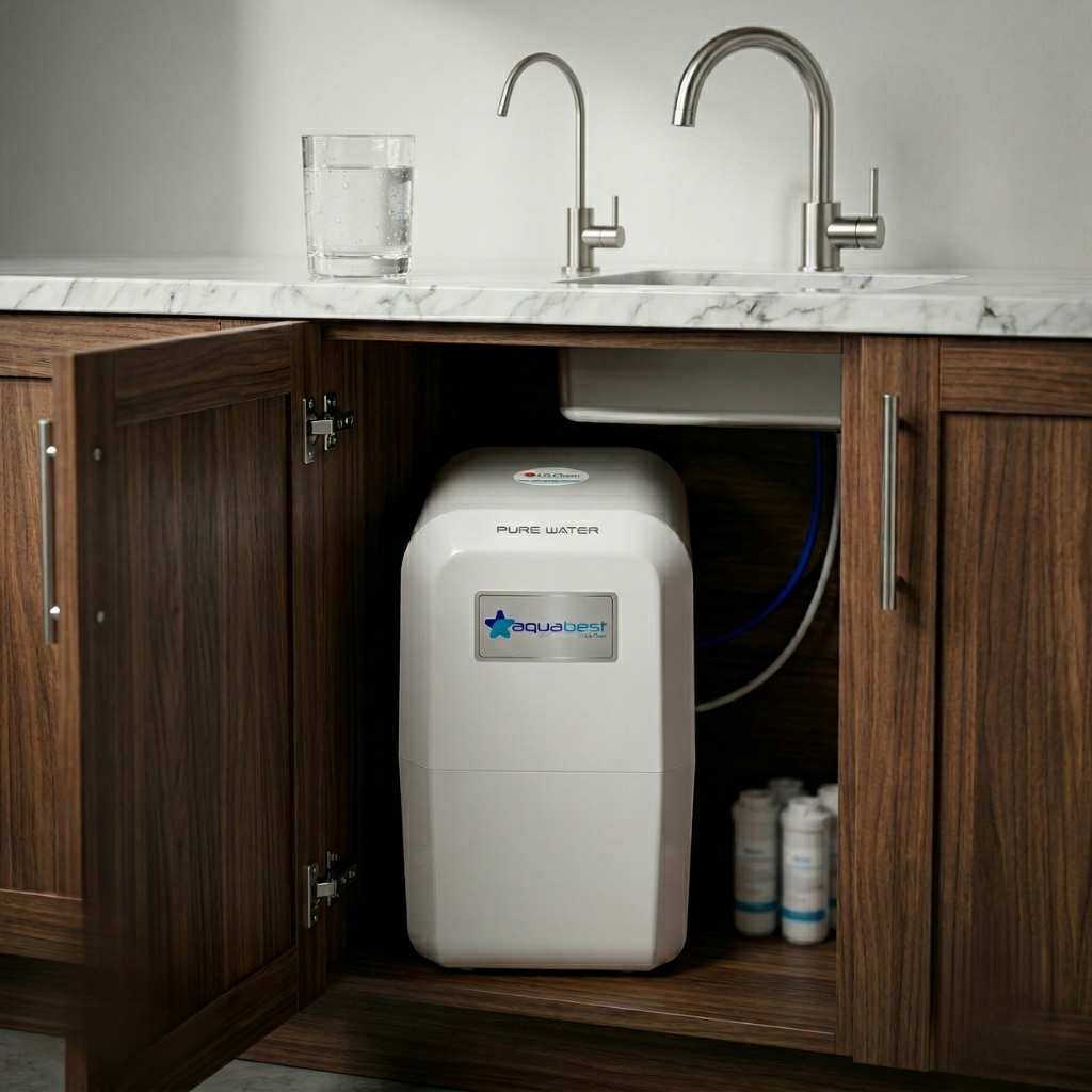 Aquabest kapalı kasa 5 aşamalı tezgah altı su arıtma cihazı mutfak dolabı içi kurulum görünümü – beyaz kompakt tasarım, mermer tezgah üzerinde saf su dolu bardak ve paslanmaz çelik musluk