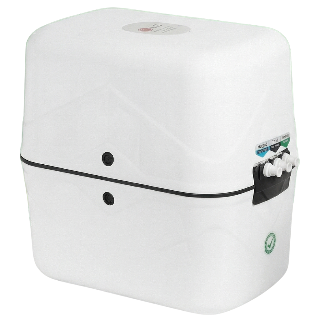 LG kapalı kasa inline su arıtma cihazı arka yan görünüm – su giriş çıkış bağlantı noktaları, quick connect fitingler, siyah klipsli kabin kilidi ve sertifika etiketi detayı