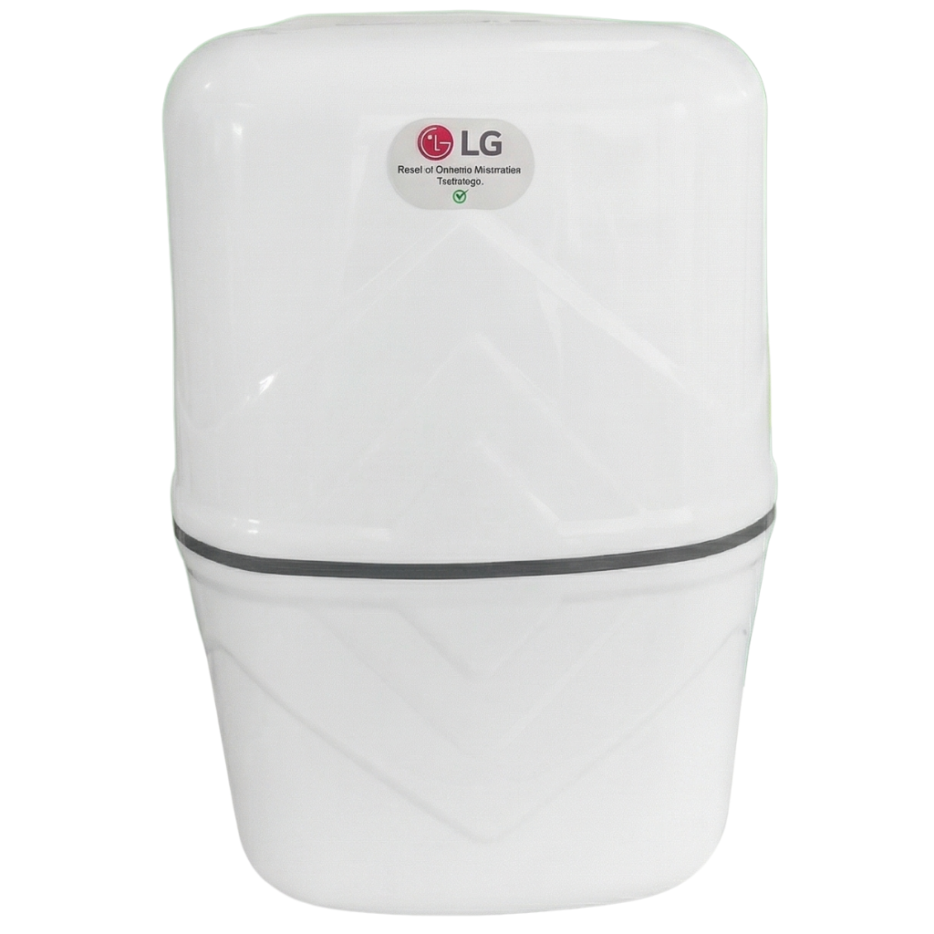 LG kapalı kasa inline su arıtma cihazı ön görünüm – beyaz kompakt kabin, LG logosu, V desenli şık tasarım, siyah arka plan stüdyo çekimi