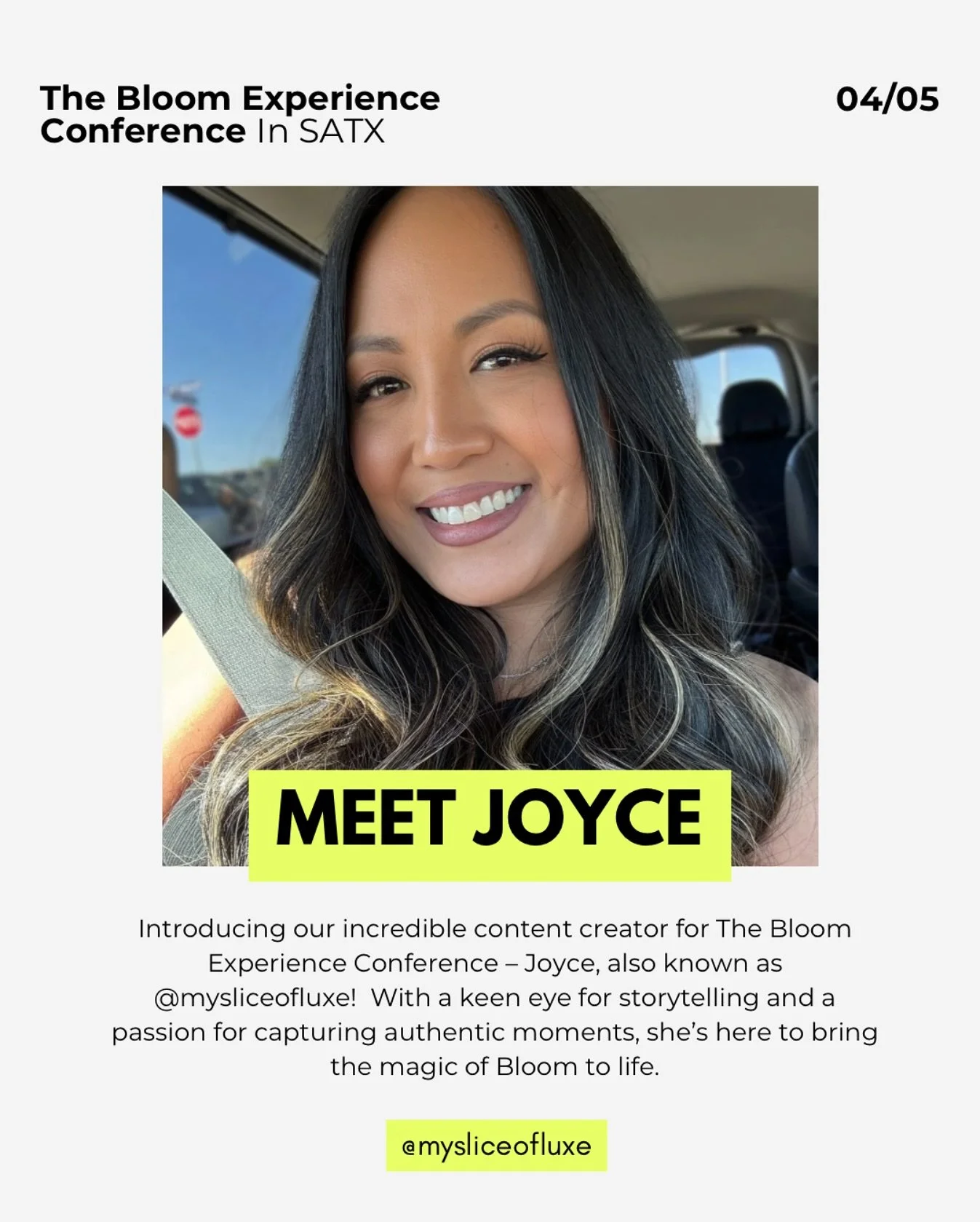Meet Joyce, aka @mysliceofluxe &ndash; Our Content Creator for The Bloom Experience Conference! 📲 

Joyce is a creative powerhouse with an eye for capturing moments that inspire and empower. As a content creator, she brings stories to life with her 