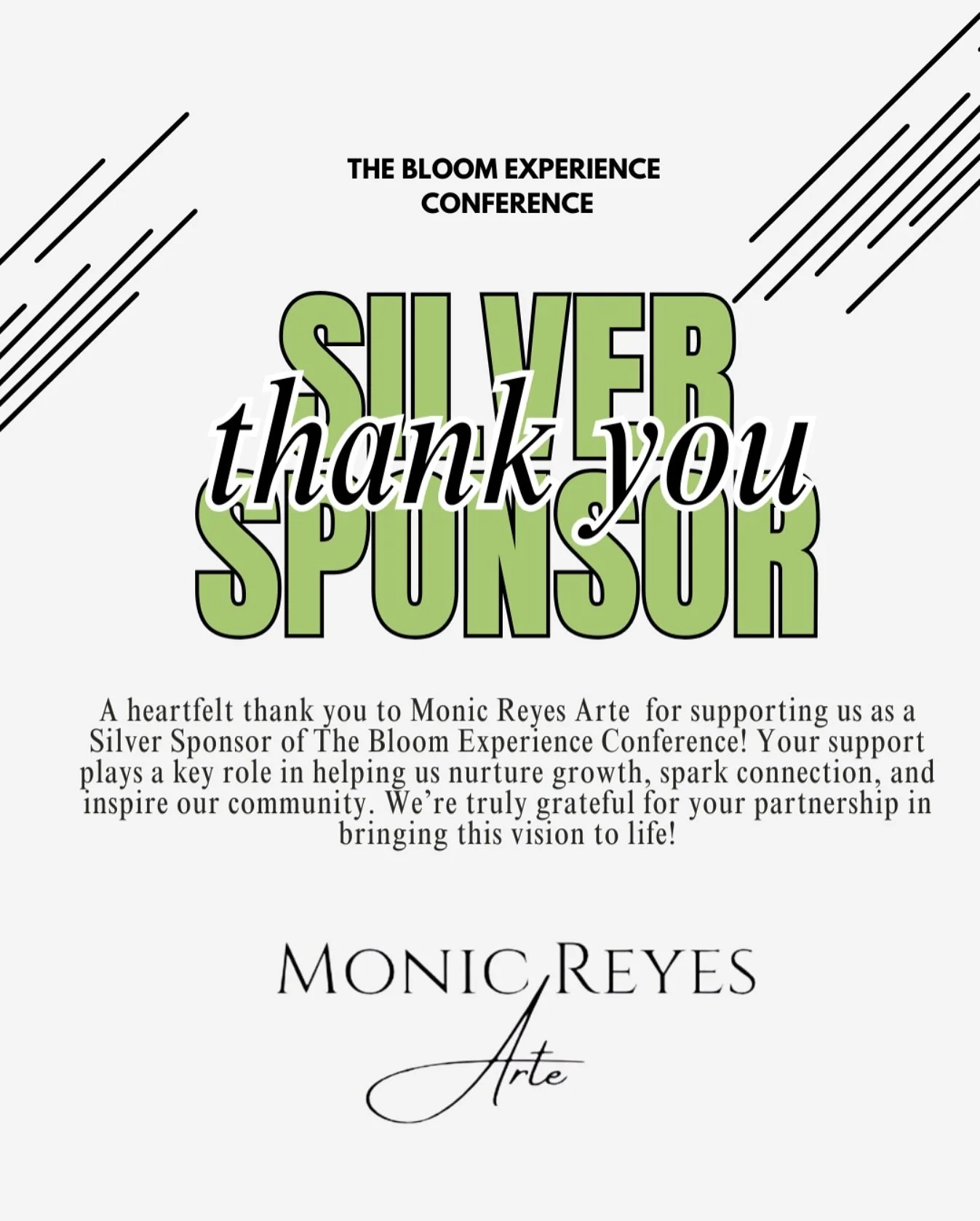 🎨Grateful for Monic Reyes Arte!🎨
A heartfelt thank you to Monic Reyes Arte for being a Silver Sponsor of The Bloom Experience Conference! Your support fuels creativity, fosters meaningful connections, and helps our community flourish. We appreciate