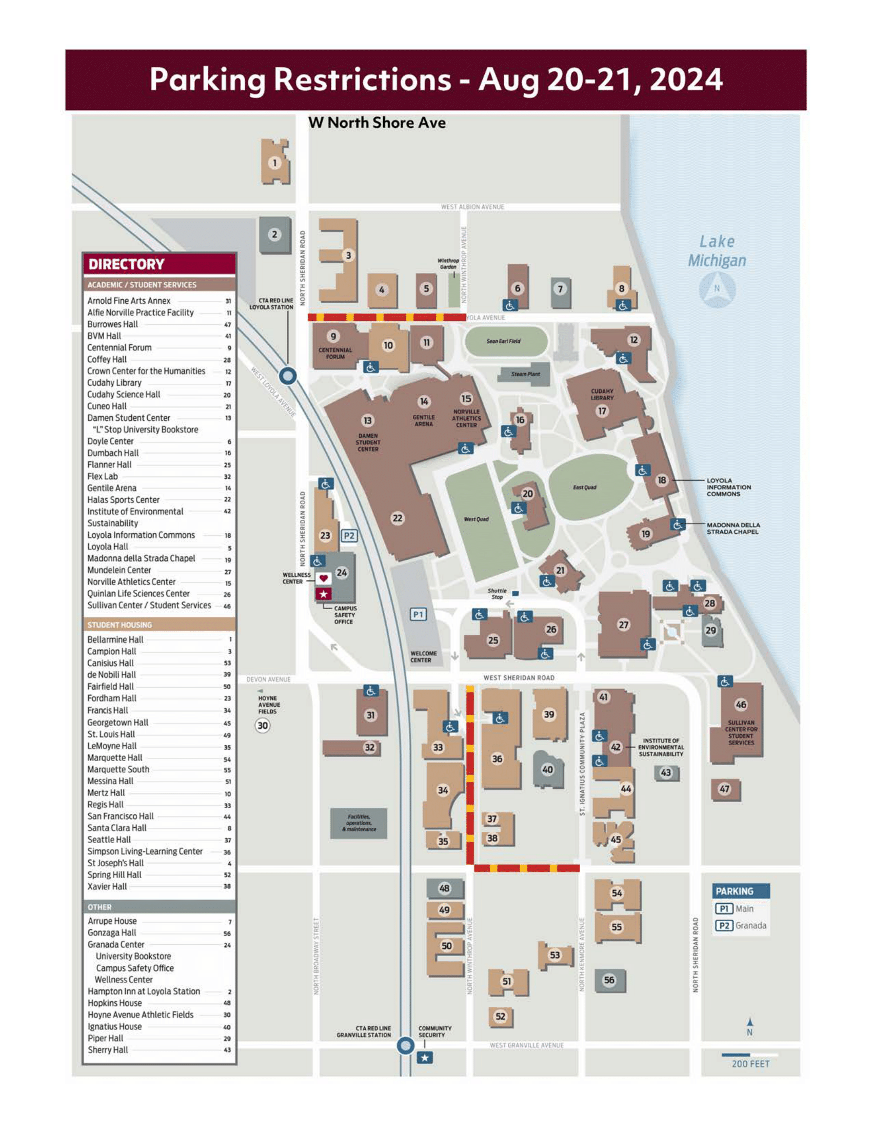 Loyola move in parking informational map for August 20-21 2024