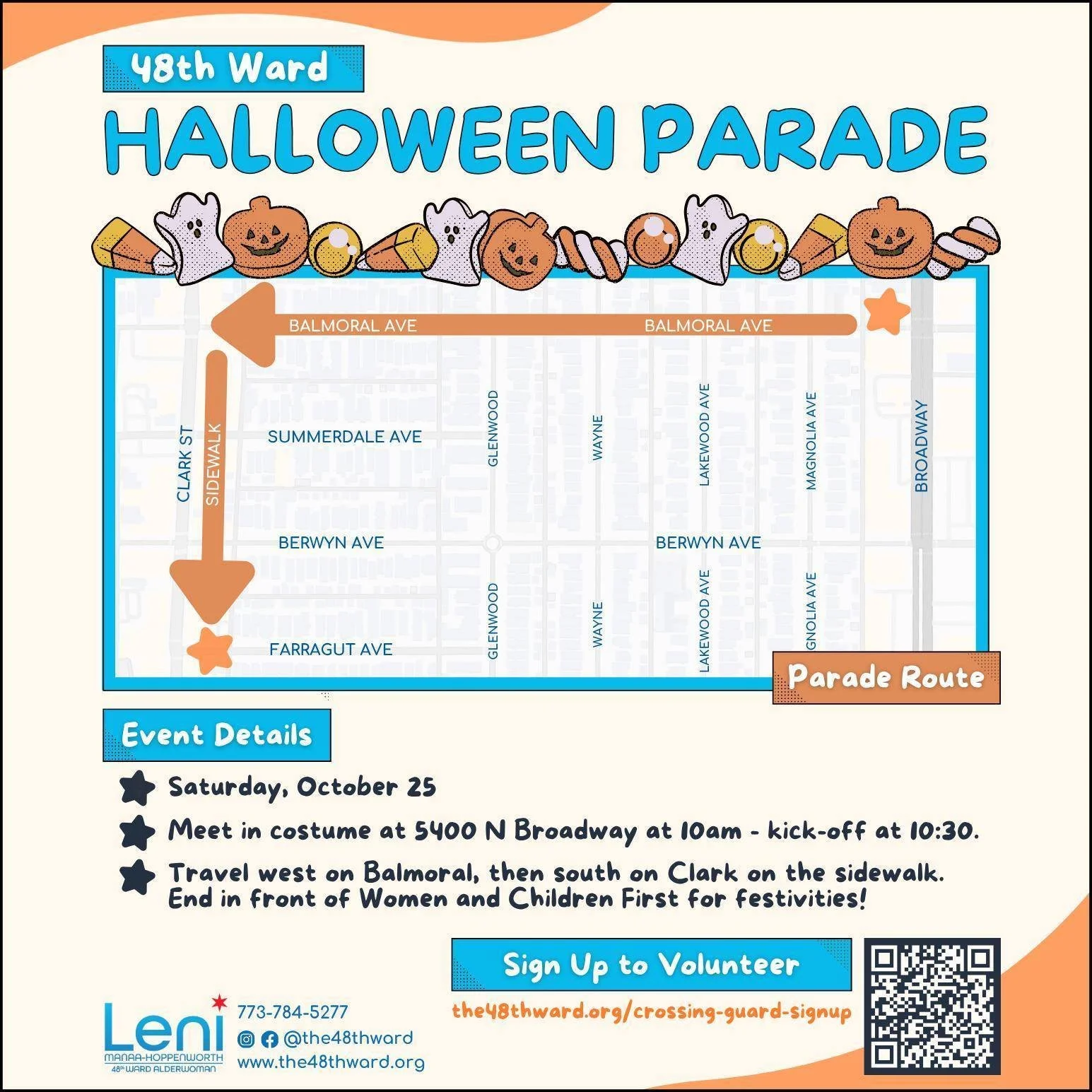 The 48th Ward loves Fall! There are so many ways to get involved throughout the ward this season, including the 48th Ward Halloween Parade and our annual Halloween Decoration Contest! You can also volunteer to help out as a trick-or-treat crossing gu